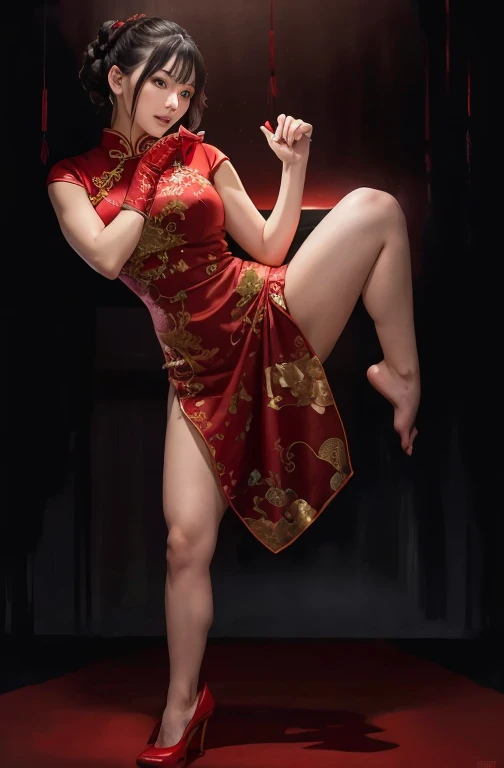 A mystical Chinese enchantress woman wearing a red velvet gown in a Qufu Confucius Temple doing Horse Hoof Kick, in the style of Silk Road style