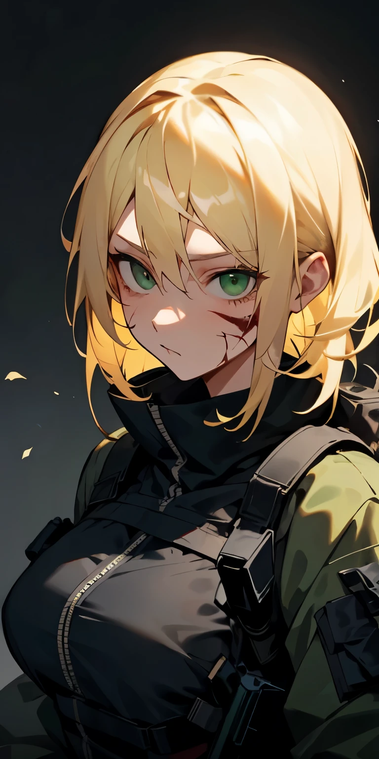 A girl with blonde hair and green eyes in a black tactical outfit without sleeves with scars covering her body and a big scar on her face