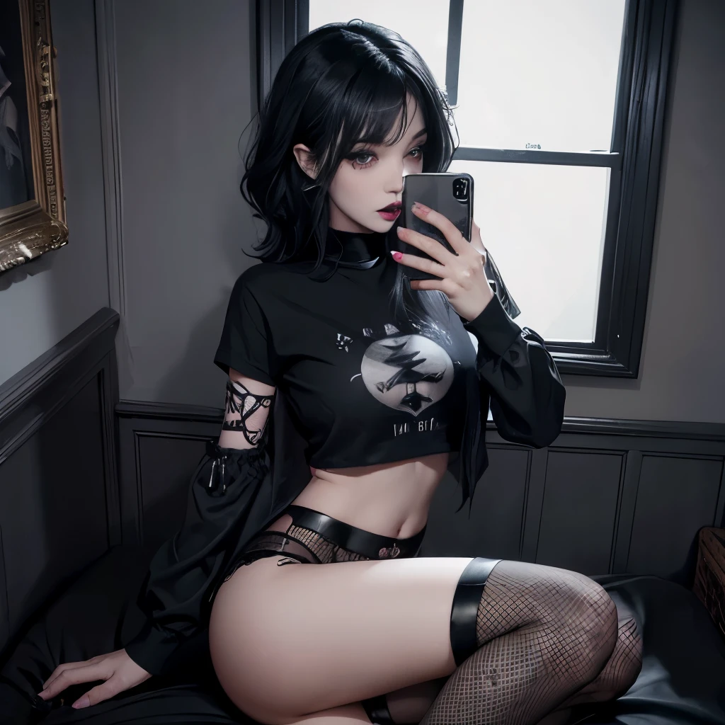 1girl, woman, goth, wavy hair with bangs, black hair, black lips, black lipstick, eyeliner, msacara, eye shadow, mirror selfie, tshirt, bedroom, goth girl, pale skin, sitting, goth makeup, dark eyes, smoky eyes, panties, full body, fishnets, photorealistic, short hair