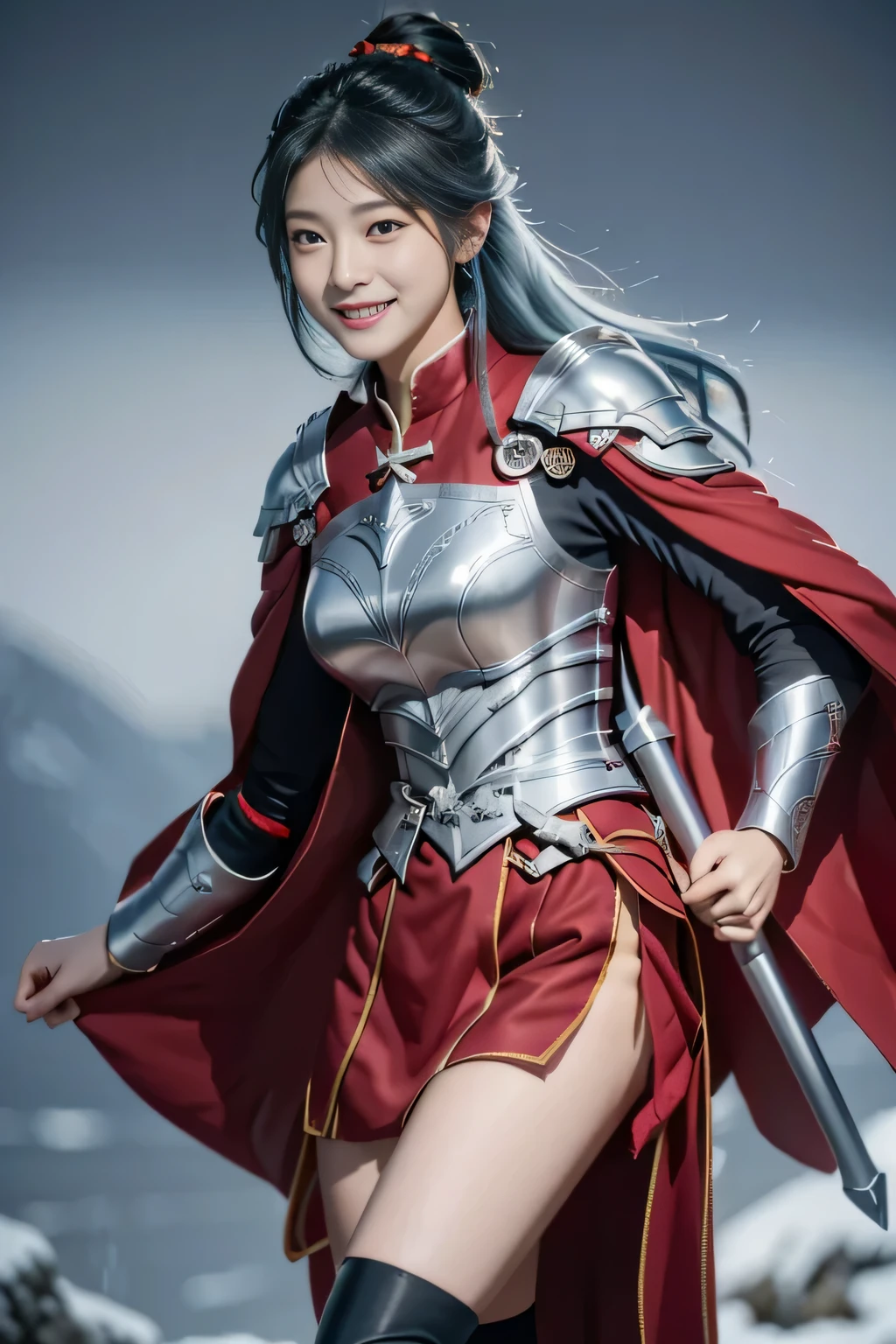 Chinese female general Hua Mulan，Saffron Hu suit lining，Detail the eyes，Crimson cape，Silver metal breastplate，silver helmet，battlefield background，majestic，Smile（open mouth）（The corners of the mouth are raised），Leather tunic，Knee armor，Eight clones，silver metal headband，light blue hair，Hair bun raised high。wild wilderness background