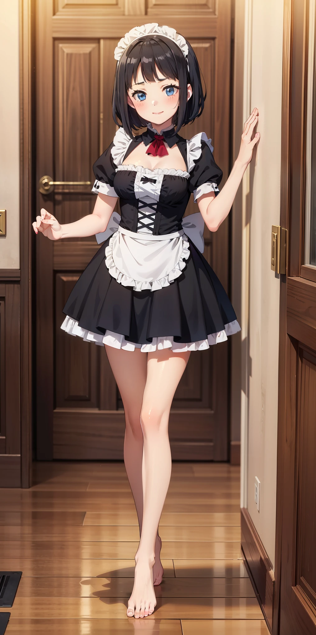 1girl, cute, ((Short black hair girl and long blonde hair girl)), maid victorian, maid apron, straight face, dazed, Body position: Standing, straight, symmetrical, barefoot, Lustful smile on face with red blush,