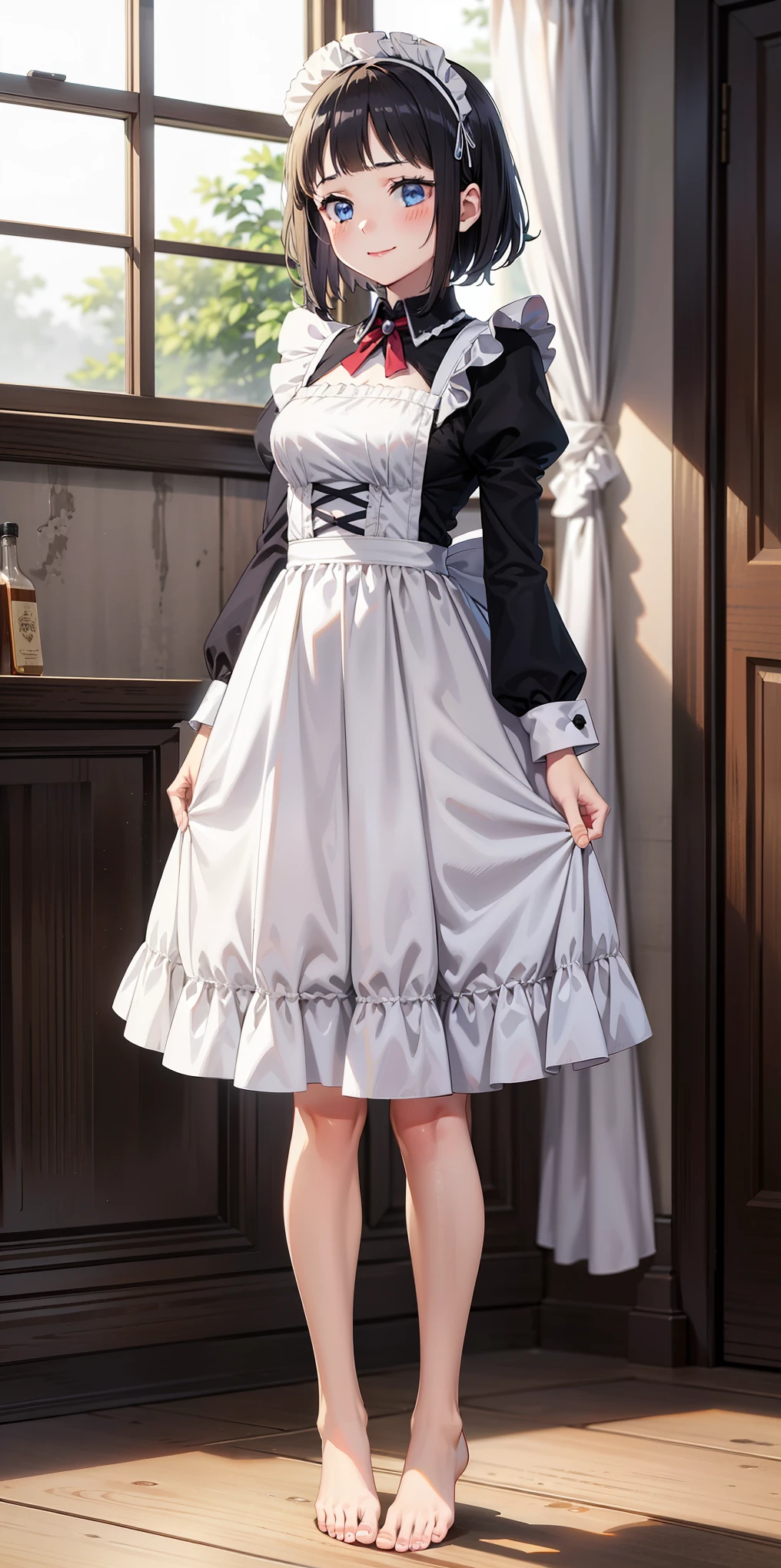 1girl, cute, ((Short black hair girl and long blonde hair girl)), maid victorian, maid apron, straight face, dazed, Body position: Standing, straight, symmetrical, barefoot, Lustful smile on face with red blush,
