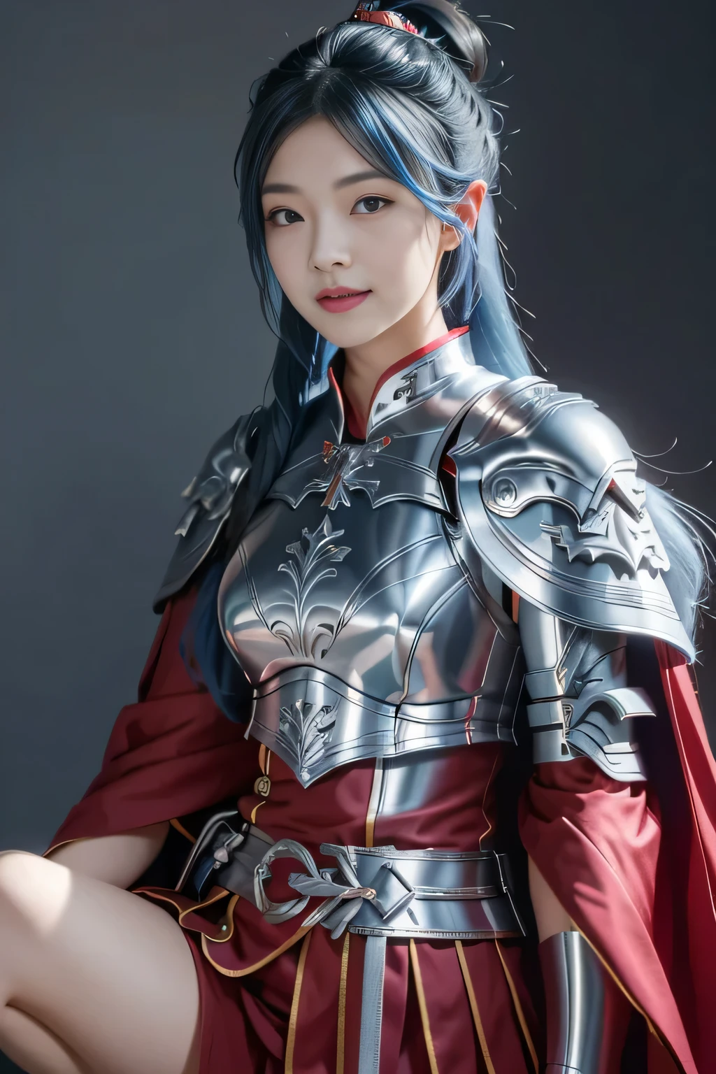 Chinese female general Hua Mulan,Saffron Hu suit lining,Detail the eyes,Crimson cape,Silver metal breastplate,silver helmet,battlefield background,majestic,Smile(open mouth)(The corners of the mouth are raised),Leather tunic,Knee armor,Eight clones,silver metal headband,light blue hair,Hair bun raised high。wild wilderness background