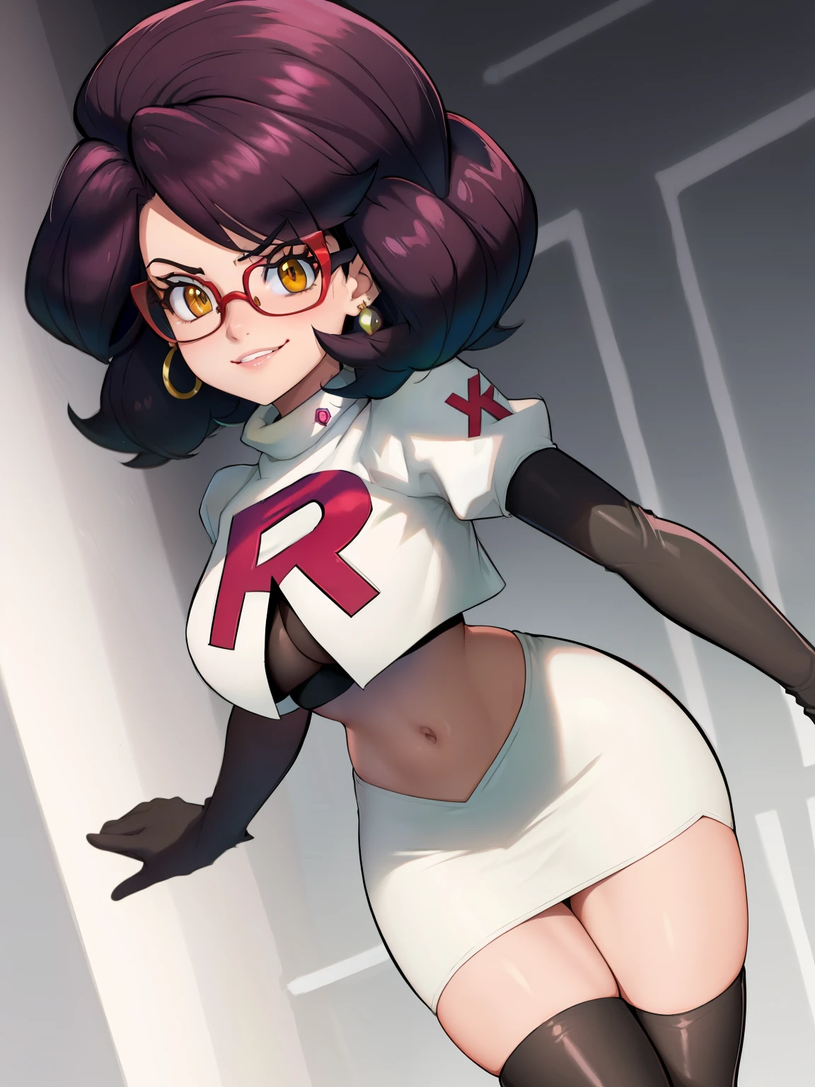 Wicke /(pokemon/), glasses ,glossy lips, earings ,team rocket uniform, red letter R, white skirt,white crop top,black thigh-high boots, black elbow gloves, closed mouth, evil smile, sexy poses