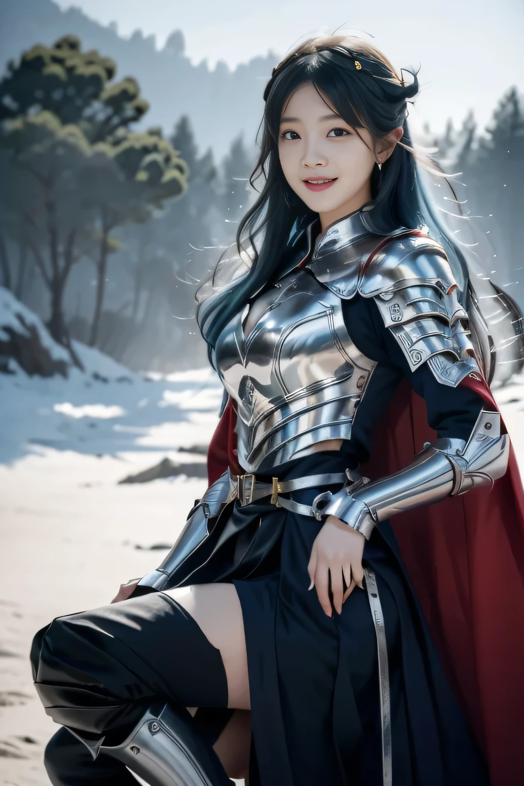 Chinese female general Hua Mulan，Saffron Hu suit lining，Detail the eyes，Crimson cape，Silver metal breastplate，silver helmet，battlefield background，majestic，Smile（open mouth）（The corners of the mouth are raised），Leather tunic，Knee armor，Eight clones，silver metal headband，light blue hair，Hair bun raised high。wild wilderness background