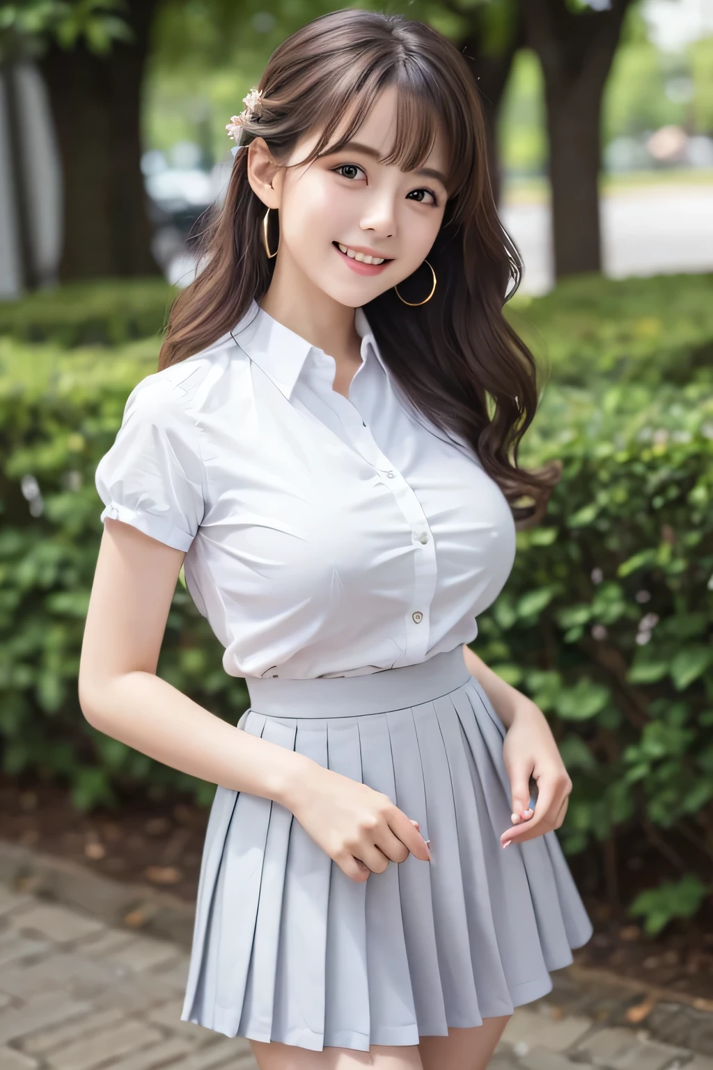 8K, highest quality, real image, intricate details, Super detailed, ultra high resolution, depth field,(realistic,realistic:1.2),  1 girl,  very beautiful 17 year old girl, innocent Big eyes, Big eyes、beautiful ???????:1.5、(highly detailed eyes:1.2)、(beautiful ???????:1.1)、wavy hair、curly hair、bangs、, perfect skin, Fair skin, tight waist, light blush, alone, looking at the viewer, laughter、(White Y-shirt、gray pleated skirt)