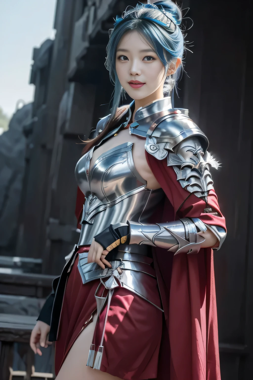 Chinese female general Hua Mulan，Saffron Hu suit lining，Detail the eyes，Crimson cape，Silver metal breastplate，silver helmet，battlefield background，majestic，Smile（open mouth）（The corners of the mouth are raised），Leather tunic，Knee armor，Eight clones，silver metal headband，light blue hair，Hair bun raised high。wild wilderness background