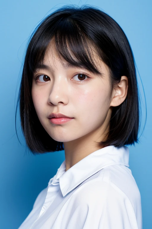 blue background,license,A beautiful black-haired girl in an ID photo,Upper body portrait facing forward,Body by body,体全体でUpper body portrait facing forward,wearing a white collared shirt