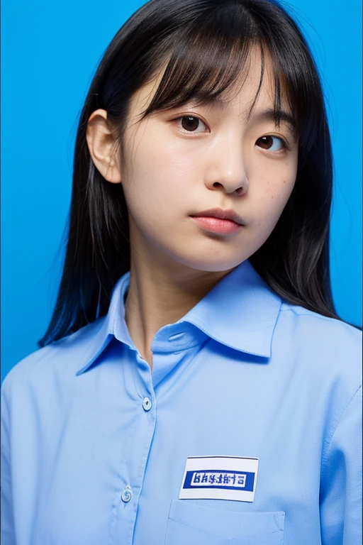 blue background,license,A beautiful black-haired girl in an ID photo,Upper body portrait facing forward,Body by body,体全体でUpper body portrait facing forward,wearing a white collared shirt
