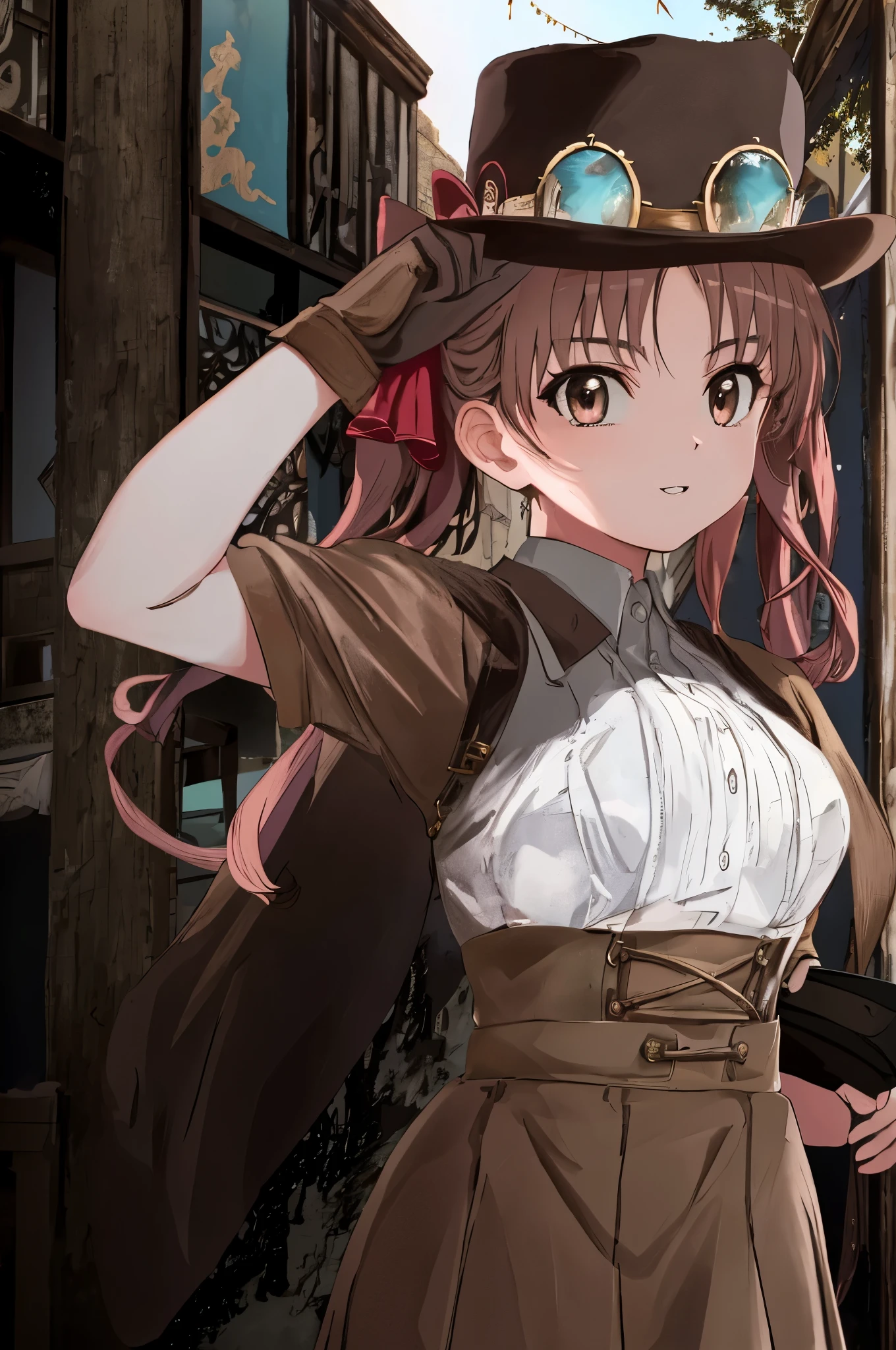 masterpiece, highest quality, 8K, 超High resolution, highest quality, anime style, best writing, beautiful face, masterpiece, highest quality, High resolution, 1 hair ribbon for girls, long hair, brown hair, antique jacket, antique skirt, Antique Gloves, antique hat, In front of the station, (touch the hat:1.2), cowboy shot, clear sky