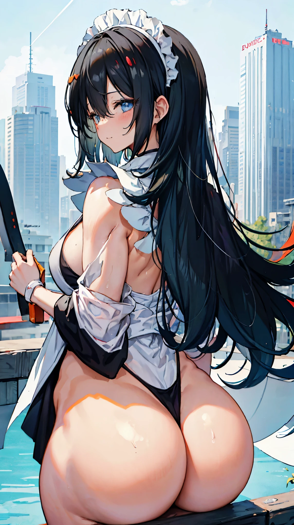 Iroha、super breasts、thick thighs、long black hair、8K, 4k, highest quality, High resolution: 1.2)、cute anime face、noise removal、maid、和風maid、black leotard、full body portrait、Leotard that bites into、Japan holding a sword、sandals、blue eyes、Black long tights、gentle smile、white kimono、T-back that digs into your butt、emphasis on the buttocks