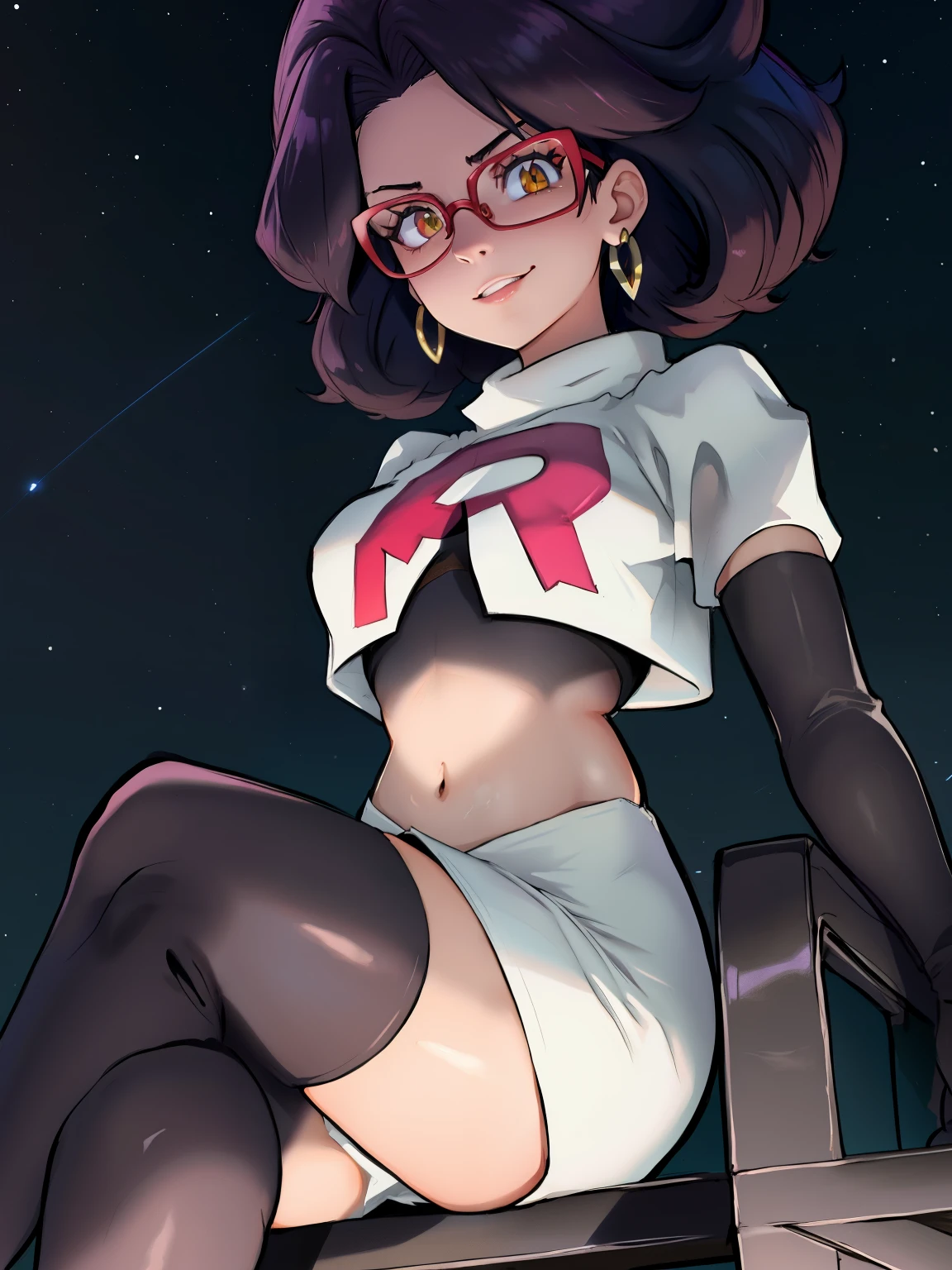 Wicke /(pokemon/), glasses ,glossy lips, earings ,team rocket uniform, red letter R, white skirt,white crop top,black thigh-high boots, black elbow gloves, closed mouth, evil smile, looking down on viewer, sitting down ,legs crossed, night sky background