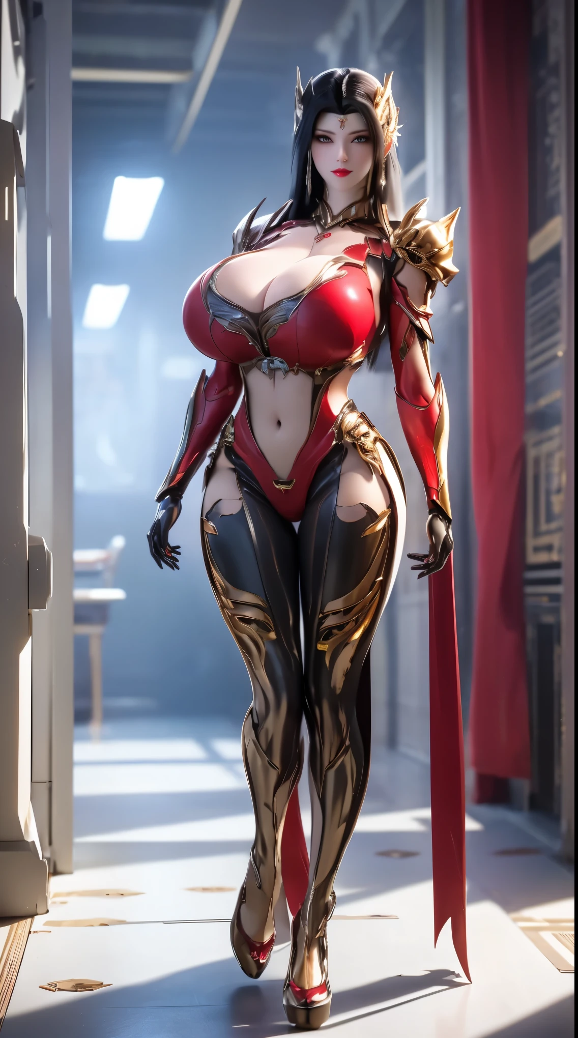 A beauty girl with black hair, (1GIRL, ALONE, SOLO), (PHOENIX GOLD HELM), (BIG BUTTOCKS, HUGE FAKE BREAST:1.5), (CLEAVAGE:1.5), (MUSCLE ABS:1.3), (MECHA GUARD ARMS, DIAMOND CORE IN MECHA ARMOR:1.1), (RED SHINY FUTURISTIC MECHA ARMORED GEAR, BLACK MECHA SKINTIGHT SUIT PANTS, MECHA GUARD ARMOR LEGS, HIGH HEELS:1.5), (SEXY PERFECT BODY, GLOWING SKIN, SEXY LONG LEGS:1.1), (LOOKING AT VIEWER:1.3), (female focus:0.9), (WALKING HALLWAY OF FUTURISTIC SPACE STATION:1), (BRIGHT LIGHT WHITE_ROOM:1.3), HYPER TEXTURE, UNREAL ENGINE RENDER, PHYSICALLY-BASED RENDERING, ULTRA HIGHT DEFINITION, 16K, 1080P.