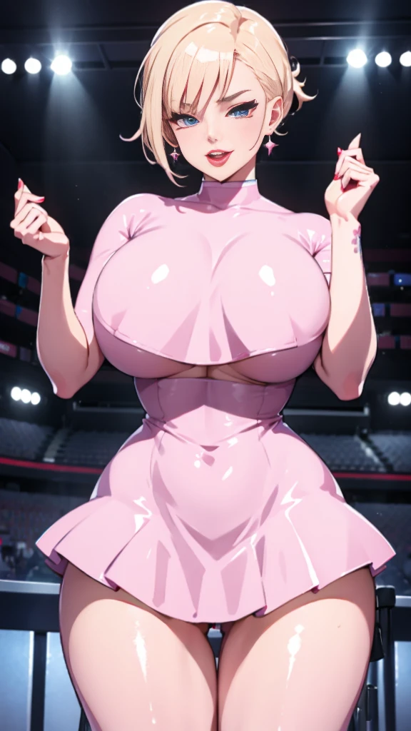 nsfw,(( bimbo Ami_Mizuno in slutty pink latex dress, ))),(( solo girl :1,8))+++++ hoop earrings, Puffy lips, Painted lips, thick lips. Blonde hair, short hair , wide hips, thick thighs, Bursting breasts ,evil smile,  stripclub