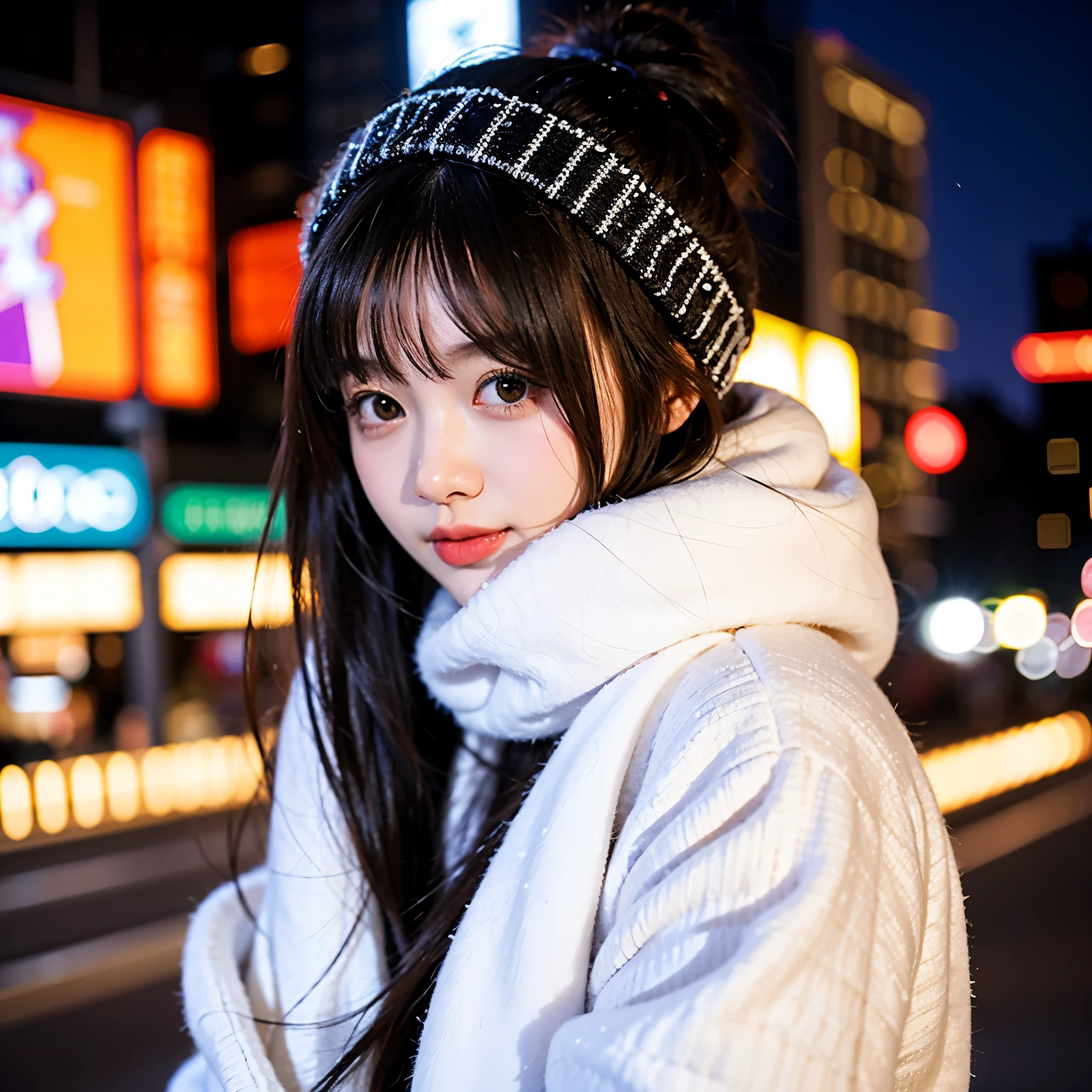 In the city where it snows、The white muffler covers even his mouth.、seems cold、It&#39;s sparkling、cute girl、Confident、night、Blurred background、24-years-old
