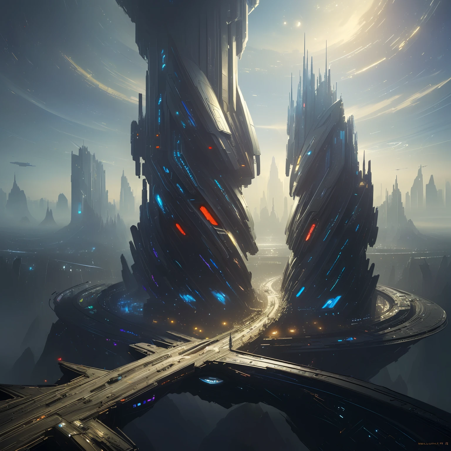 ((top quality, 8k, masterpiece: 1.3)), futuristic city，Time and space concept art，Large scenes，16k resolution concept art，8K resolution concept art，8K concept art，8k high detail concept art，Fantasy sci-fi city，Atmospheric concept art，8K concept art，