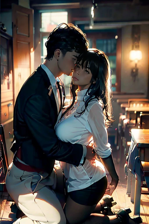 NSFW, a girl kneeling in front of a mans big , (masterpiece, highest quality, photo-realistic:1.4), (shiny skin), (UHD, 8k wallpaper, High resolution), perfect anatomy, cinematic lighting, Physically based rendering, award-winning, highly detailed skin, highly detailed face, eye with beautiful details, Carl Zeiss 85mmF/1.4, (((1 girl and 1 man, couple, have sex))), (Man standing in front of kneeling woman, grab her head), big , girl excited to see , (girl kneeling in front of a man:1.3), (woman tilting her head), girl staring , (1 girl: Very cute 28 year old asian girl, (brown wavy semi-long hair, bangs), mid-chest with cleavage, (see through thigh height), (stockings), (obedient linguine), (1 girl: 鼻blushといたずら, eye), blush, in the classroom at midnight, (1 man: Handsome and in a recruit suit, hug her head, stand in front of her, Hold her neck), Photographed diagonally from the front,