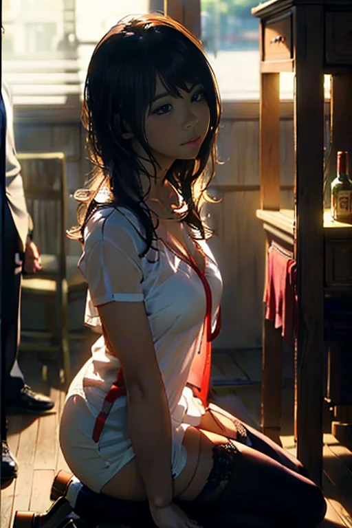 NSFW, a girl kneeling in front of a mans big , (masterpiece, highest quality, photo-realistic:1.4), (shiny skin), (UHD, 8k wallpaper, High resolution), perfect anatomy, cinematic lighting, Physically based rendering, award-winning, highly detailed skin, highly detailed face, eye with beautiful details, Carl Zeiss 85mmF/1.4, (((1 girl and 1 man, couple, have sex))), (Man standing in front of kneeling woman, grab her head), big , girl excited to see , (girl kneeling in front of a man:1.3), (woman tilting her head), girl staring , (1 girl: Very cute 28 year old asian girl, (brown wavy semi-long hair, bangs), mid-chest with cleavage, (see through thigh height), (stockings), (obedient linguine), (1 girl: 鼻blushといたずら, eye), blush, in the classroom at midnight, (1 man: Handsome and in a recruit suit, hug her head, stand in front of her, Hold her neck), Photographed diagonally from the front,