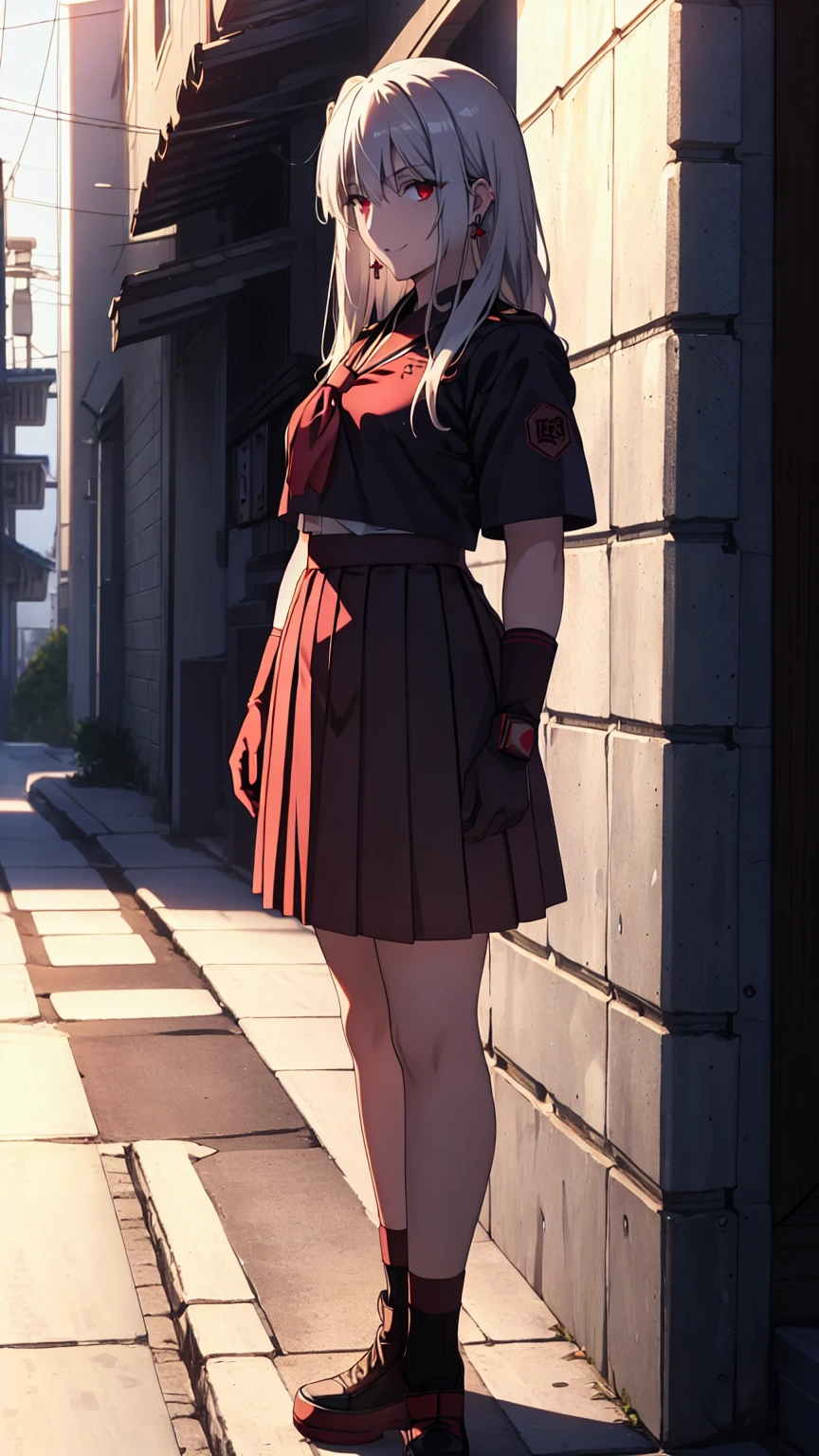 sukeban illyasviel_von_einzbern, mature_female, silver hair, holding yoyo, combat pose, full body, flowing hair, hair between the eyes, asymmetrical hair, red eyes, delicate facial features, sukeban deka clothe, looking_at_viewer, outdoors, background tokyo, ((solo girl:1,5))+++++,woman in a 80's sukeban seifuku standing on a set of strees, black school uniform, 80's japanese sukeban photo, sukeban seifuku, 80's japan, sukeban, long black skirt, red converse, full body, light skin tone female, full body, tape, arm_support, gloves, red_gloves, bridal gauntlets, blackred_footwear, fighter outfit, full body, hourglass, mature face, cheeky smile, cheeky face, wrinkles,( silver long hair, earrings, ear piercings), realistic, (fighting art, Martial arts, standing, fighting_stance, fight, fighting), extra colors, 2D, megapixel, perfectionism, accent lighting, full HD , 4K, masterpiece, empty red eyes