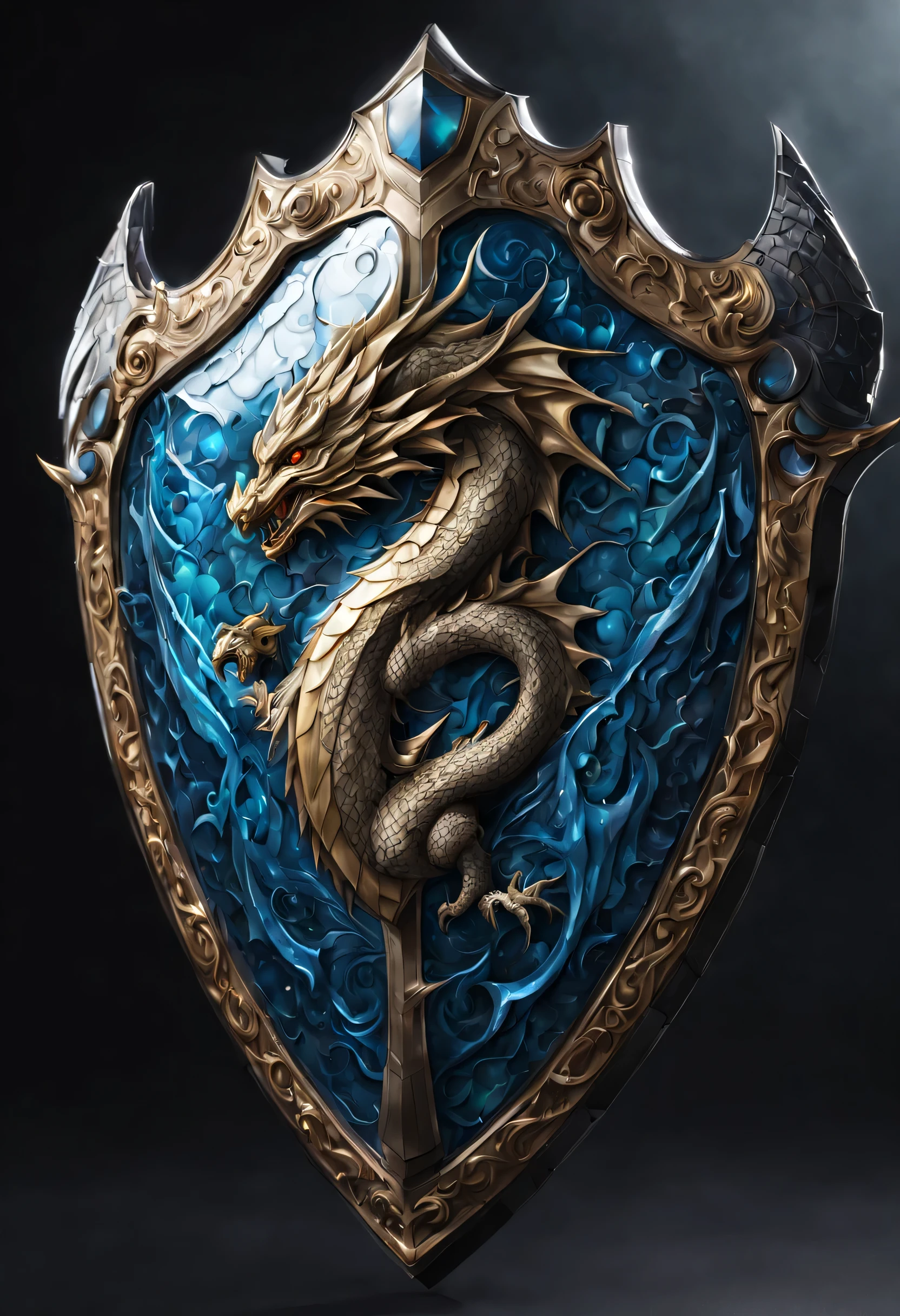 Aegisのshield:deformed dragon design,Magic Stone,Metallic luster,inlay,beautiful光と影,light reflection,Ausan rendering,Draw in detail,Super detailed,Clear patterns,beautiful,works of art,masterpiece,made by master,伝説のshield,Aegis:shield,Photoreal,fantasy,3D,8K,three-dimensional sense,nice