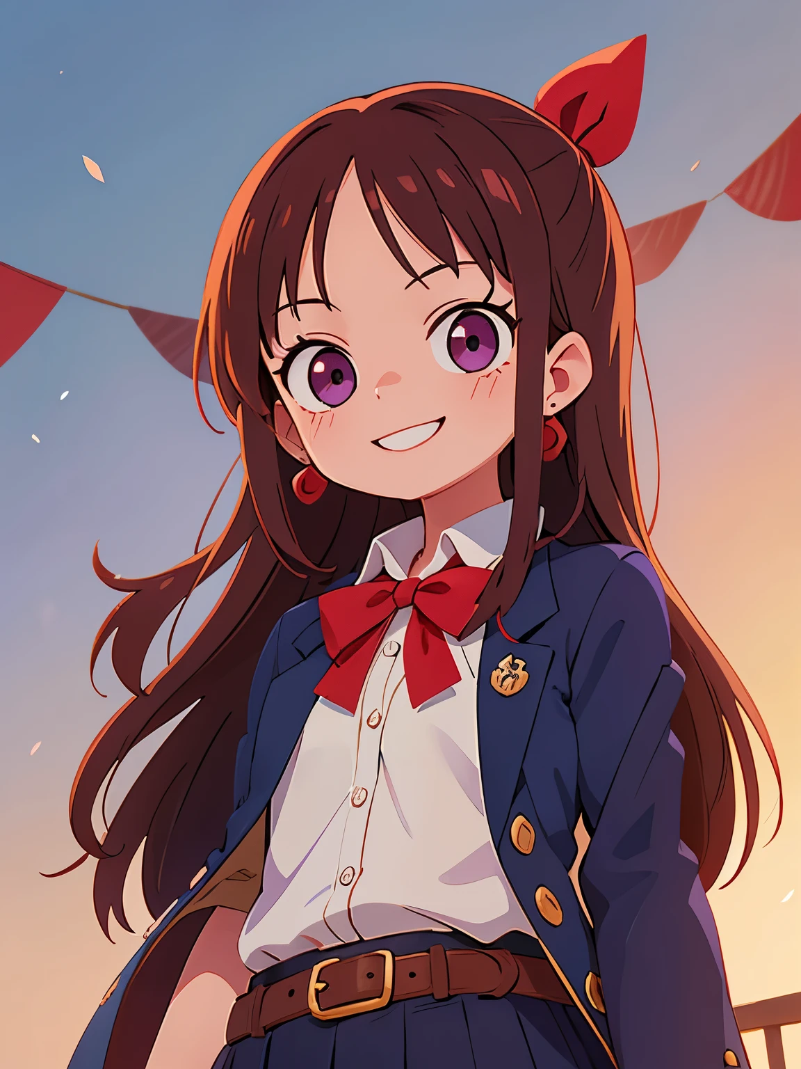 British Schools、masterpiece, highest quality, Brown hair long hair、Navy blue blazer school uniform with red ribbon、Reddish-purple eyes、single blade, earrings, one piece、 belt, Little, looking at the viewer, smile,  village, winter
