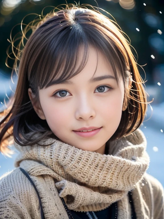 girl with, Snowy landscape, Winter wonderland, Cute and innocent look, rosy cheeks, Sparkling eyes, warm winter clothes, Poses in motion、footsteps in the snow, Falling snowflakes, Frosty tree, Snowy ground, soft snow texture, gentle and delicate lighting, Pastel color palette, dreamy ambiance, quirky and magical, A masterpiece of high resolution:1.2, Ultra-detailed, Realistic:1.37, Vivid colors, Bokeh、innocent smiles、Hair that flutters in the wind、Face Close-up