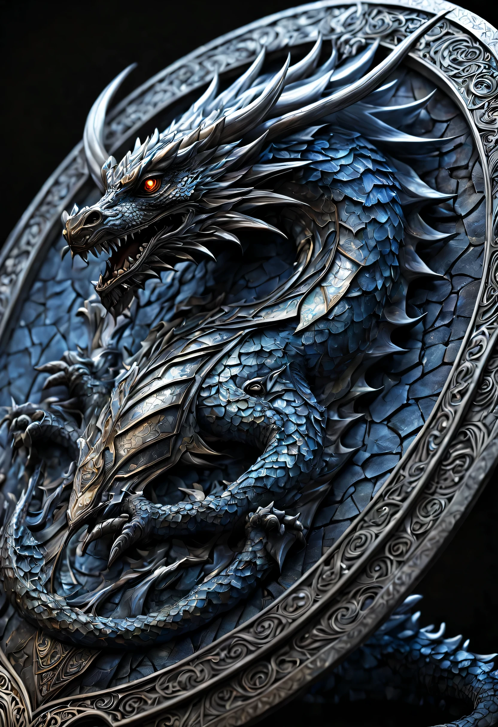 Aegisのshield:deformed dragon design,Magic Stone,Metallic luster,inlay,beautiful光と影,light reflection,Ausan rendering,Draw in detail,Super detailed,Clear patterns,beautiful,works of art,masterpiece,made by master,伝説のshield,Aegis:shield,Photoreal,fantasy,3D,8K,three-dimensional sense,nice