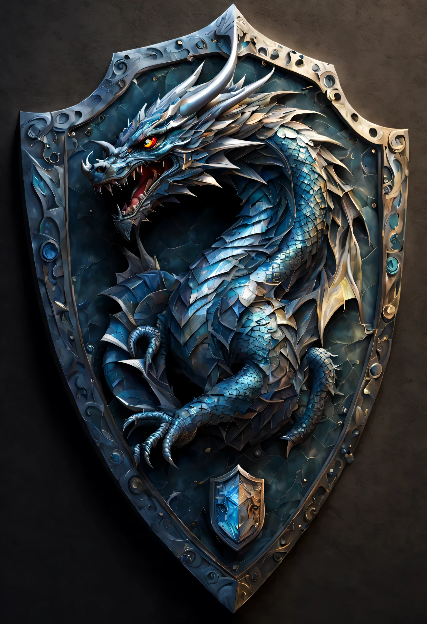 Aegisのshield:deformed dragon design,Magic Stone,Metallic luster,inlay,beautiful光と影,light reflection,Ausan rendering,Draw in detail,Super detailed,Clear patterns,beautiful,works of art,masterpiece,made by master,伝説のshield,Aegis:shield,Photoreal,fantasy,3D,8K,three-dimensional sense,nice