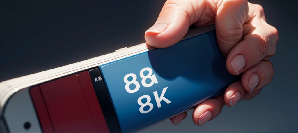 finger pointing at the writing: "8K" on measuring tape on a dark-blue-foggy background, the 8K writing is colored red