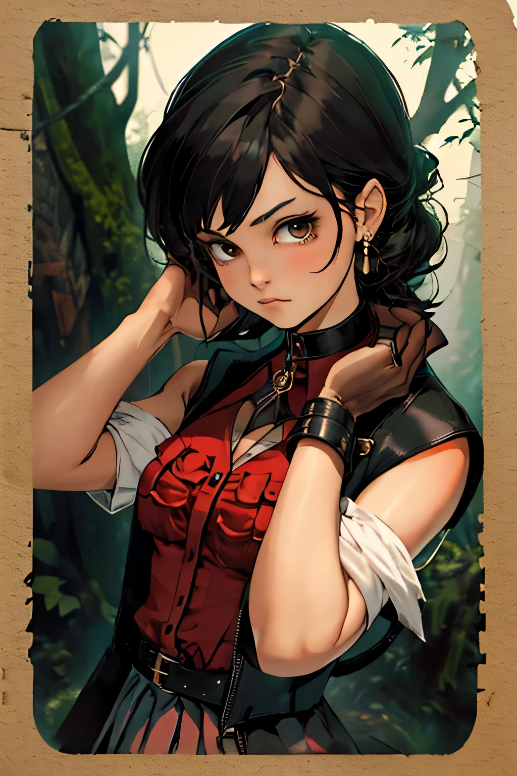 Woman, 18 years old, Sleeveless Black and red Dress, Long Skirt, Lolita style, thigh-high tights, black tights, long black hair, black eyes, fair skin, expression of happiness, looking forward, body forward, black heeled boots, Forest background, daytime background, Very detailed clothing, Bust size 85, clothes with neckline, Short sleeves, Dress, Lolita style dress, Neck choker, Gloves fulfilled, Open finger gloves, Elbow length glove, Various ties on clothing, Very beautiful, High quality, Many details, Detailed outfit, Loose hair, Detailed face, Detailed hair, Power to create metals, Dress, Dress with skirt, Ruffled skirt, Layered skirt