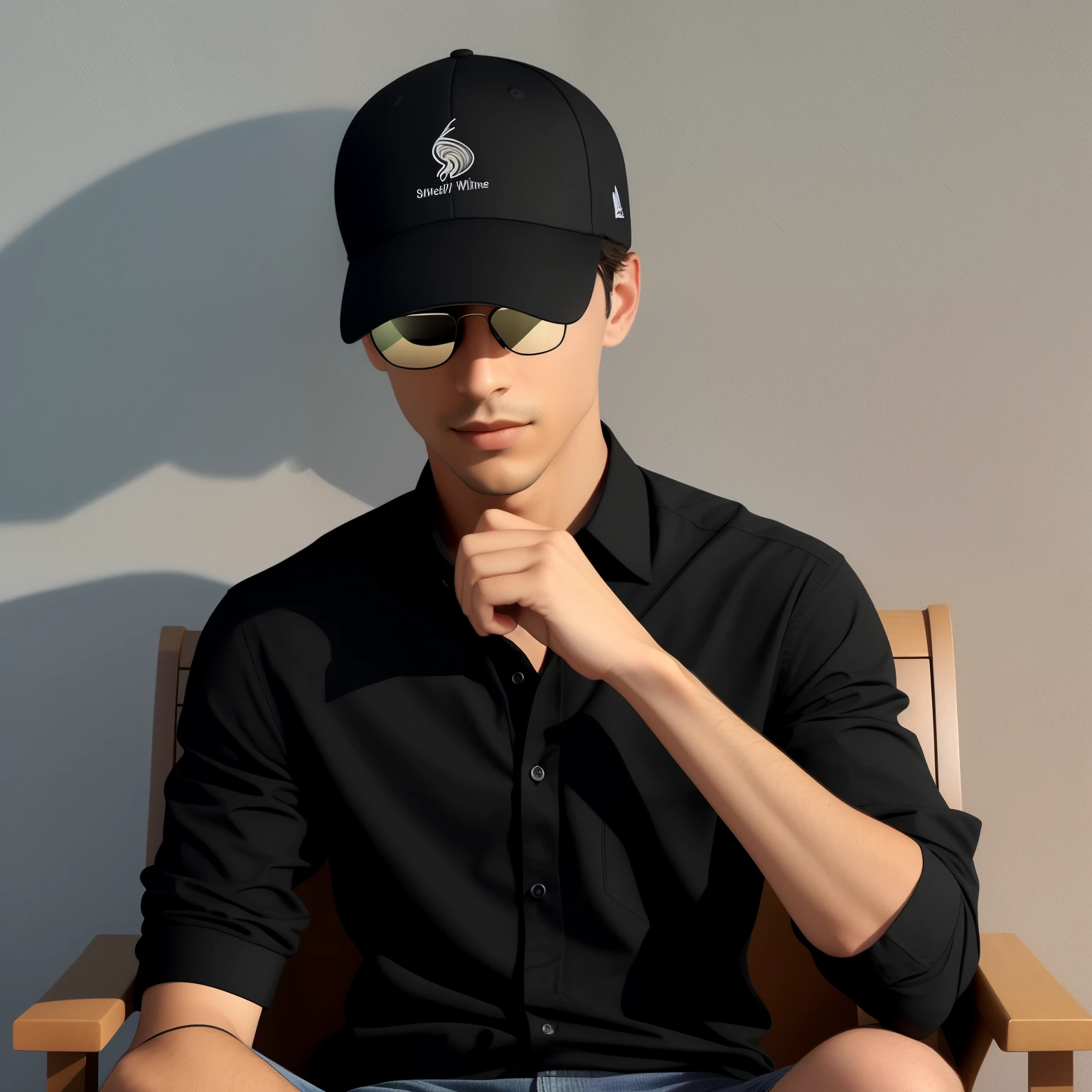 Create a captivating 3D illusion for a WhatsApp profile picture: A boy in a casual black shirt sits confidently on a Wingback Chair, his posture effortless. Sneakers adorn his feet, a black cricket cap shades his eyes, and sunglasses rest on the arm of the chair. His gaze is fixed ahead, exuding an air of tranquil confidence. The magical twist? Wings subtly emerge from his back, transforming him into an ethereal being. No shadow cast, the background revealing the bold, all-caps white font "Your Name" crisply etched onto the black wall. This illusive profile picture is sure to captivate, a modern
