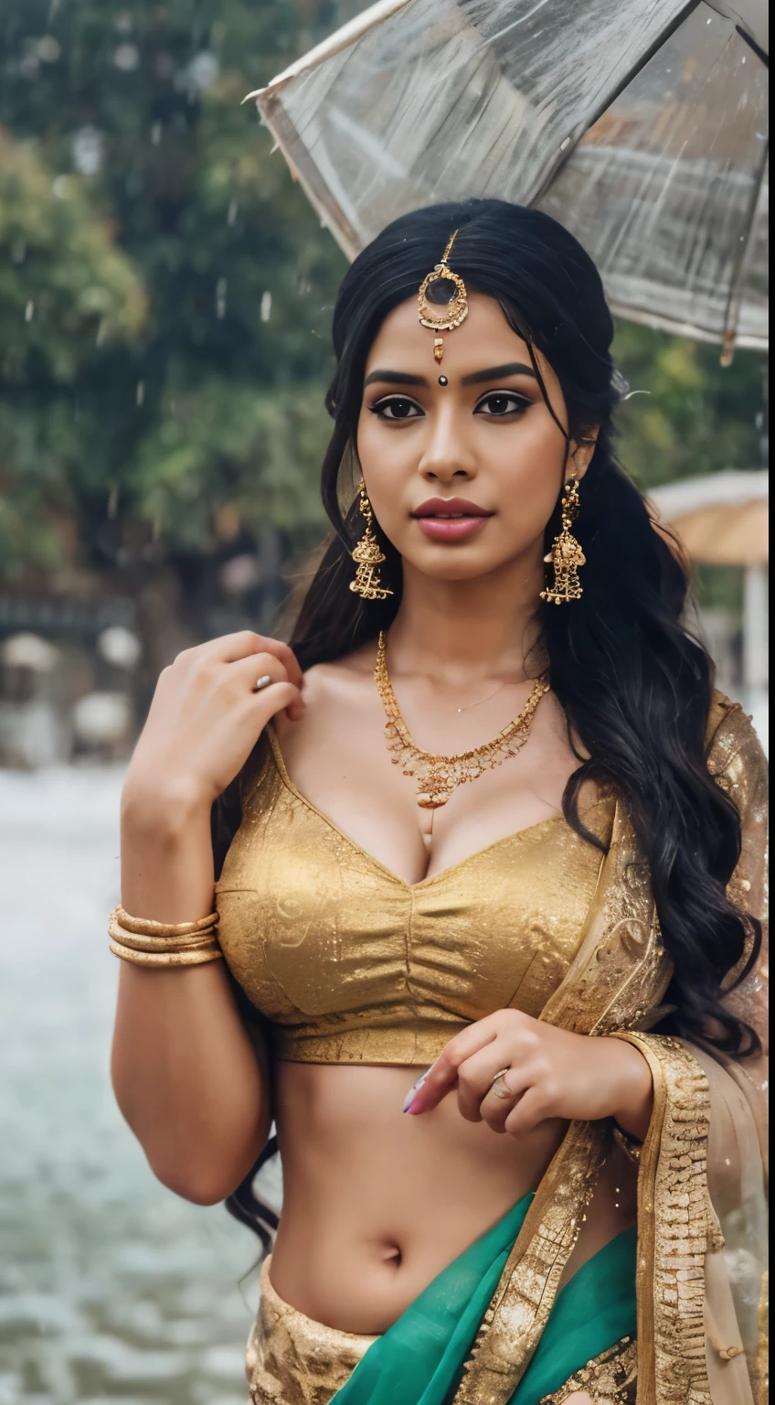 beautiful young maiden, standing in the rain, large breasts, long hair tied in a bun, wearing a shirt and a transparent golden sarong, wearing heavy makeup, long eye lashes, eye mascara, wearing golden ornaments, long earrings, necklace, arm bands, bangles, nose ring and waist chain, wet clothes, worried look, snow capped mountains in the background