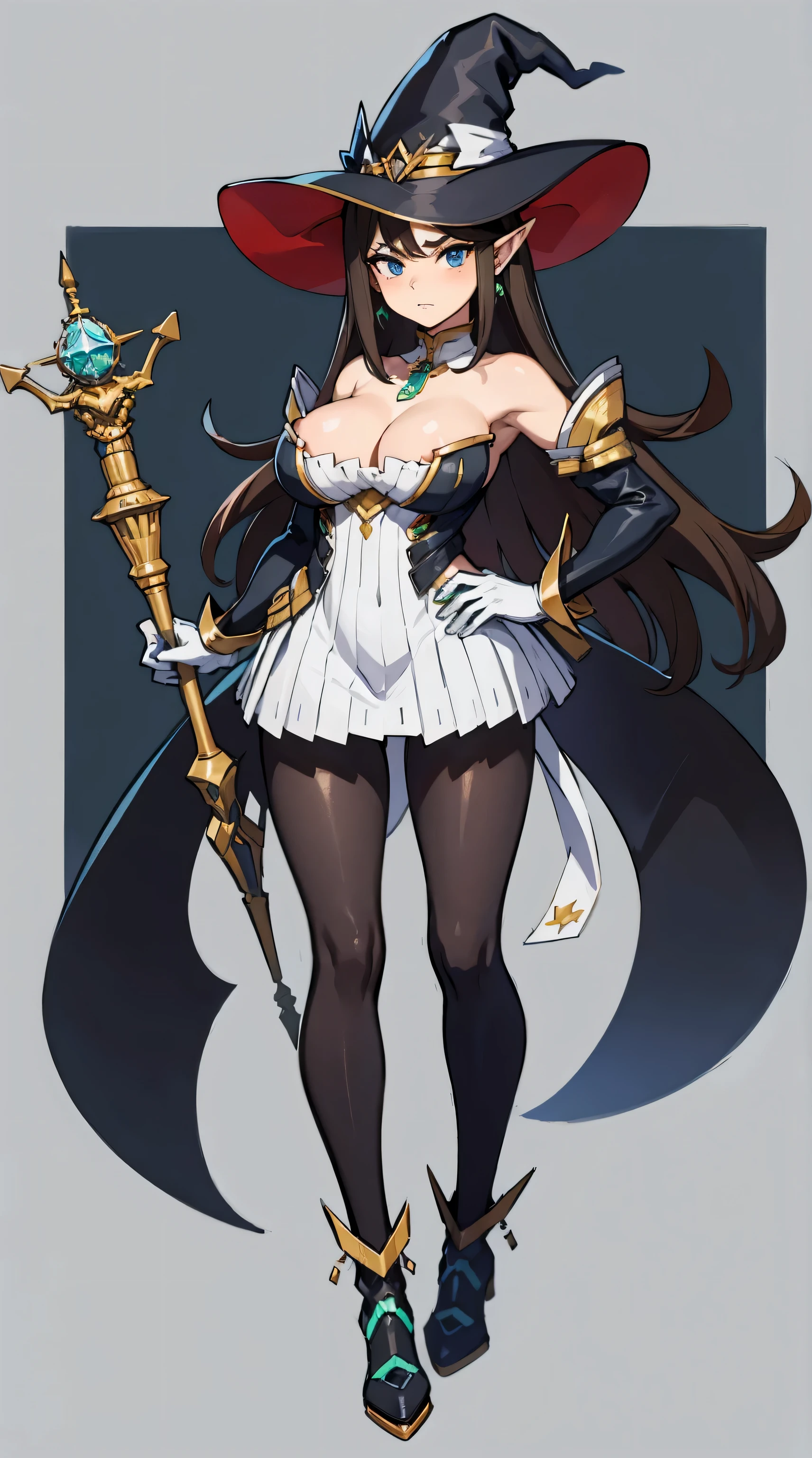 1girl, breasts, hat, solo, staff, magic, cleavage, gloves, holding, pantyhose, jewelry, witch, earrings, standing, dress, witch hat, pointy ears, high heels, long hair, simple background, full body, large breasts, bare shoulders, black hair, elbow gloves, looking at viewer, holding staff, white background, brown hair, black gloves, blue eyes