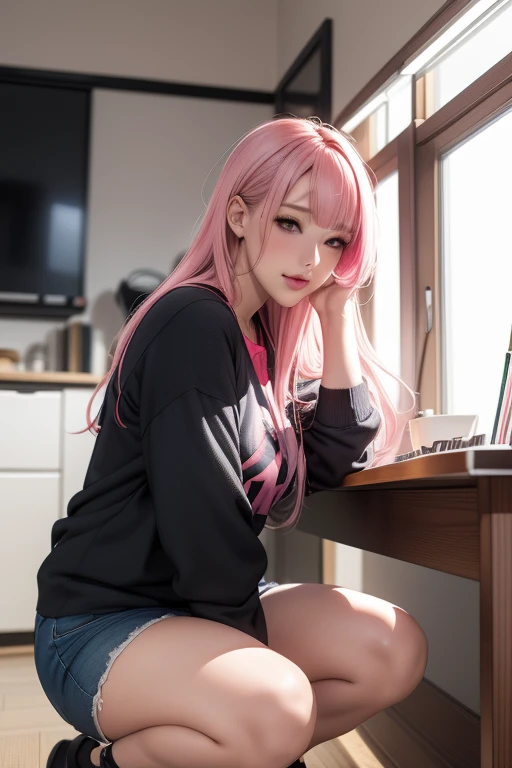 anime girl with pink hair sitting on a chair in a room, an anime drawing inspired by Tomioka Tessai, pixiv, shin hanga, seductive anime girl, oppai, beautiful anime girl squatting, [ 4 k digital art ]!!, beautiful alluring anime woman, top rated on pixiv, beautiful alluring anime teen