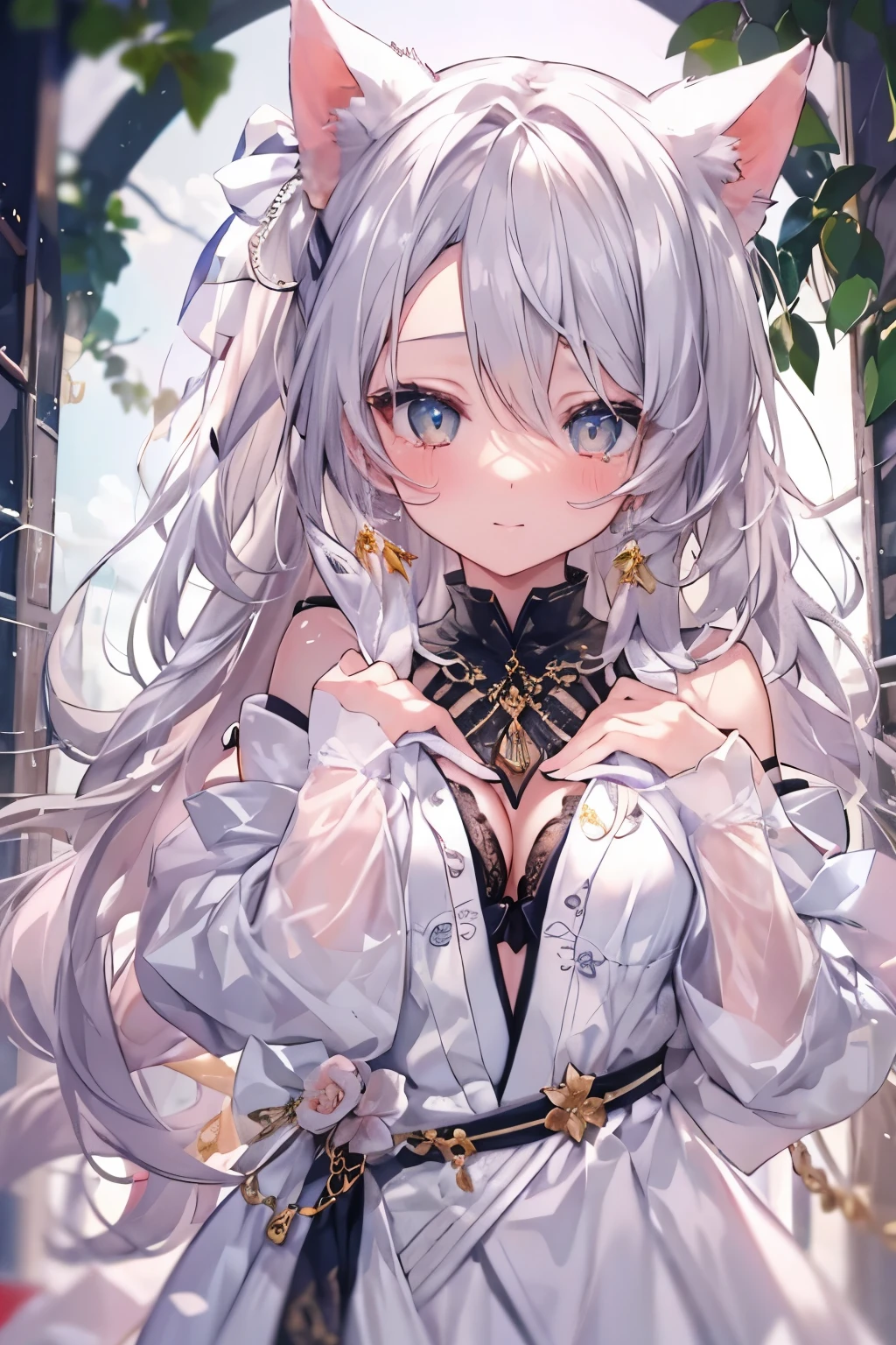 silver hair、cat collar black、eyes with sparkling flames、tits、belly button、japan town tokyo、Staring at the sky、first field view、wavy ponytail、hair on shoulders、very long hair、very thick hair、beautiful and fine eyes、golden eyes、eyes like jewels、Diamond-shaped eyes、hug your feet、detailed jewel leather collar、twin tails、sunglasses、amber eyes、beast ears、smile、embarrassing、blush、Tears、high detail、anime、romanticism、shine、silhouette、Depth of bounds written、UHD、retina、masterpiece、correct、anatomically correct、textured skin、super detail、high detail、award-winning、最high quality、high resolution、high quality、16k、cleavage