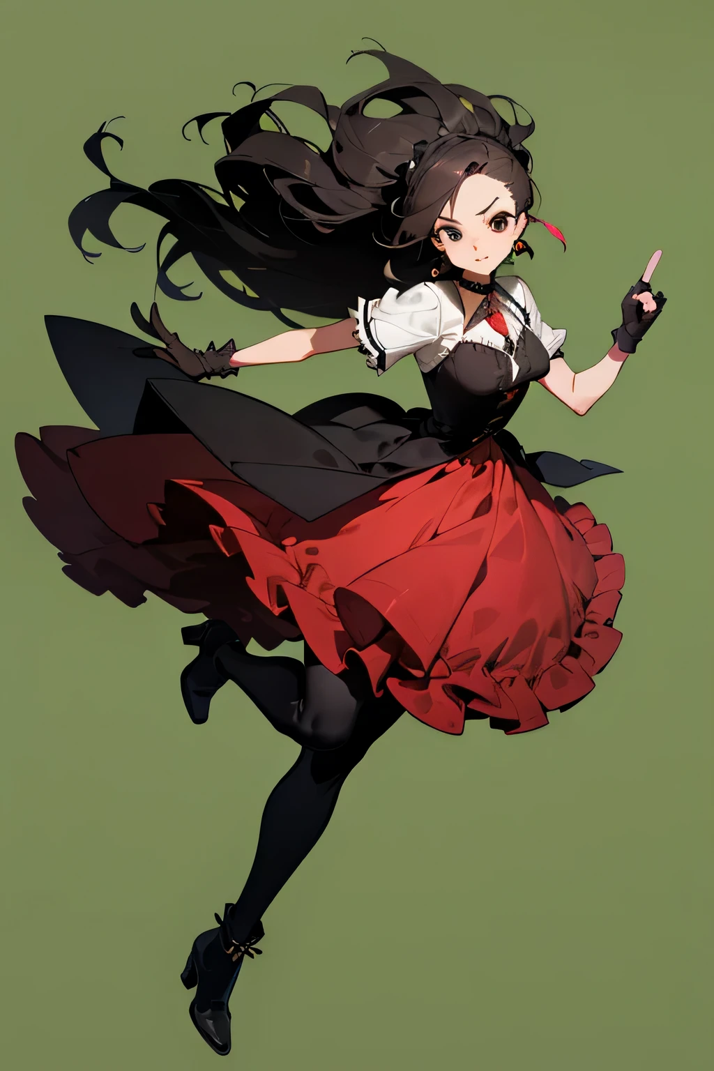 Woman, 18 years old, Sleeveless Black and red Dress, Long Skirt, ta style, thigh-high tights, black tights, long black hair, black eyes, fair skin, expression of happiness, looking forward, body forward, black heeled boots, Forest background, daytime background, Very detailed clothing, Bust size 85, clothes with neckline, Short sleeves, Dress, Lolityle dress, Neck choker, Gloves fulfilled, Open finger gloves, Elbow length glove, Various ties on clothing, Very beautiful, High quality, Many details, Detailed outfit, Loose hair, Detailed face, Detailed hair, Power to create metals, Dress, Dress with skirt, Ruffled skirt, Layered skirt