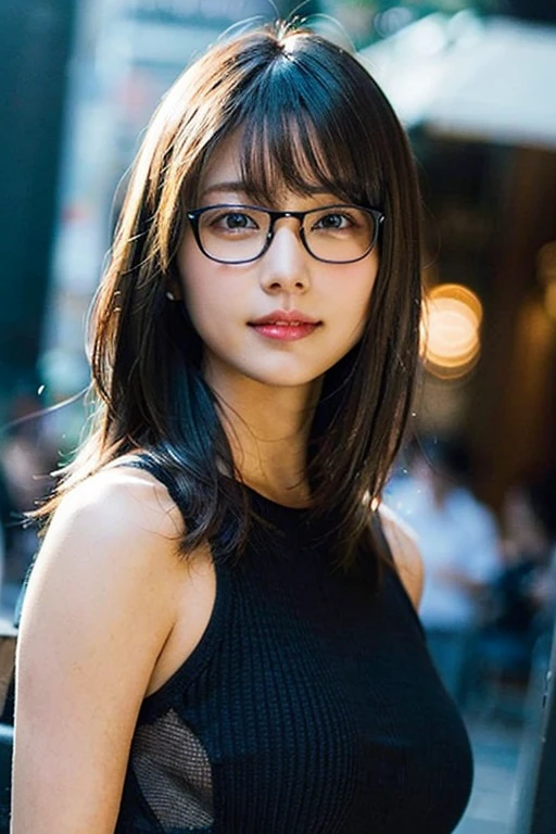 (8K、Raw photo、highest quality、masterpiece:1.2)、(realistic、Photoreal:1.37)、super detailed、Super high resolution、1 girl、see the beholder、beautiful and detailed face、laughter、narrow、(slim waist) :1.3)、summer clothes、Beautiful and smooth skin、skin texture、浮いたhair、professional lighting、hair, Clothes and skin are wet from heavy rain、Black square glasses 、human body as a whole、茶hair キャスター アナウンサー