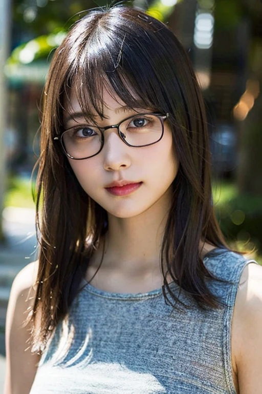 (8K、Raw photo、highest quality、masterpiece:1.2)、(realistic、Photoreal:1.37)、super detailed、Super high resolution、1 girl、see the beholder、beautiful and detailed face、laughter、narrow、(slim waist) :1.3)、summer clothes、Beautiful and smooth skin、skin texture、浮いたhair、professional lighting、hair, Clothes and skin are wet from heavy rain、Black square glasses 、human body as a whole、茶hair キャスター アナウンサー