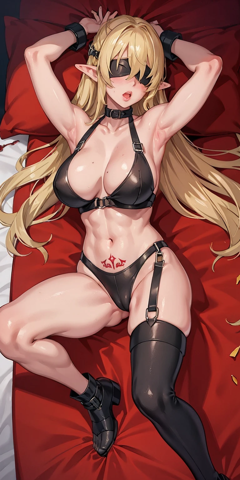 (masterpiece), (best quality), (ultra-detailed), line drawing, skindentation, (high resolution), cowboy shot, blindfold, blinfolded eyes, female big breast, full body, fetal positon on bed (shackles on legs and arms inside bed), long white hair, female restraint, chained to the bed, slender, long hair, exposed, slave, muscular abs, big breast, bra cover chest , sleeping on bed (no eyes), red tatto for slave under navel, navel, black chocker, female elf, pointy ears, blood on sheets