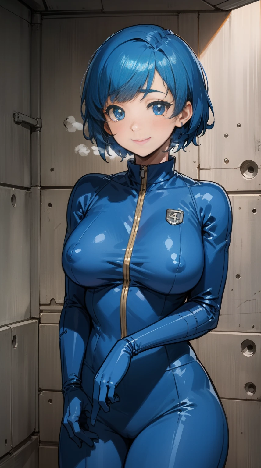 nsfw, Ami Mizuno, short hair, bleu hair, blue eyes, smile,
blue bodysuit, 13
standing, upper body, solo girl,
underground vault, clean, fallout 4,
(insanely detailed, beautiful detailed face, masterpiece, best quality),