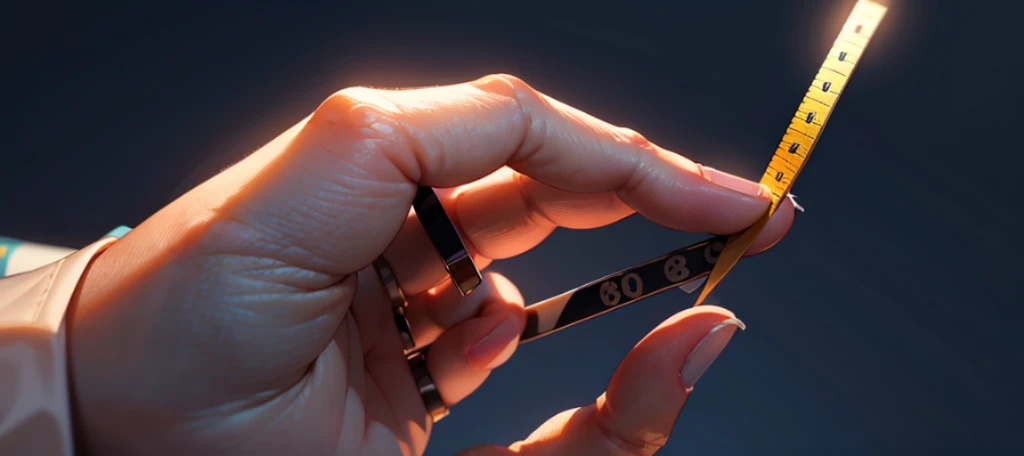 finger pointing at the writing: "8K" on measuring tape on a dark-blue-foggy background, the 8K writing is colored red, pointing finger, anatomically correct index finger