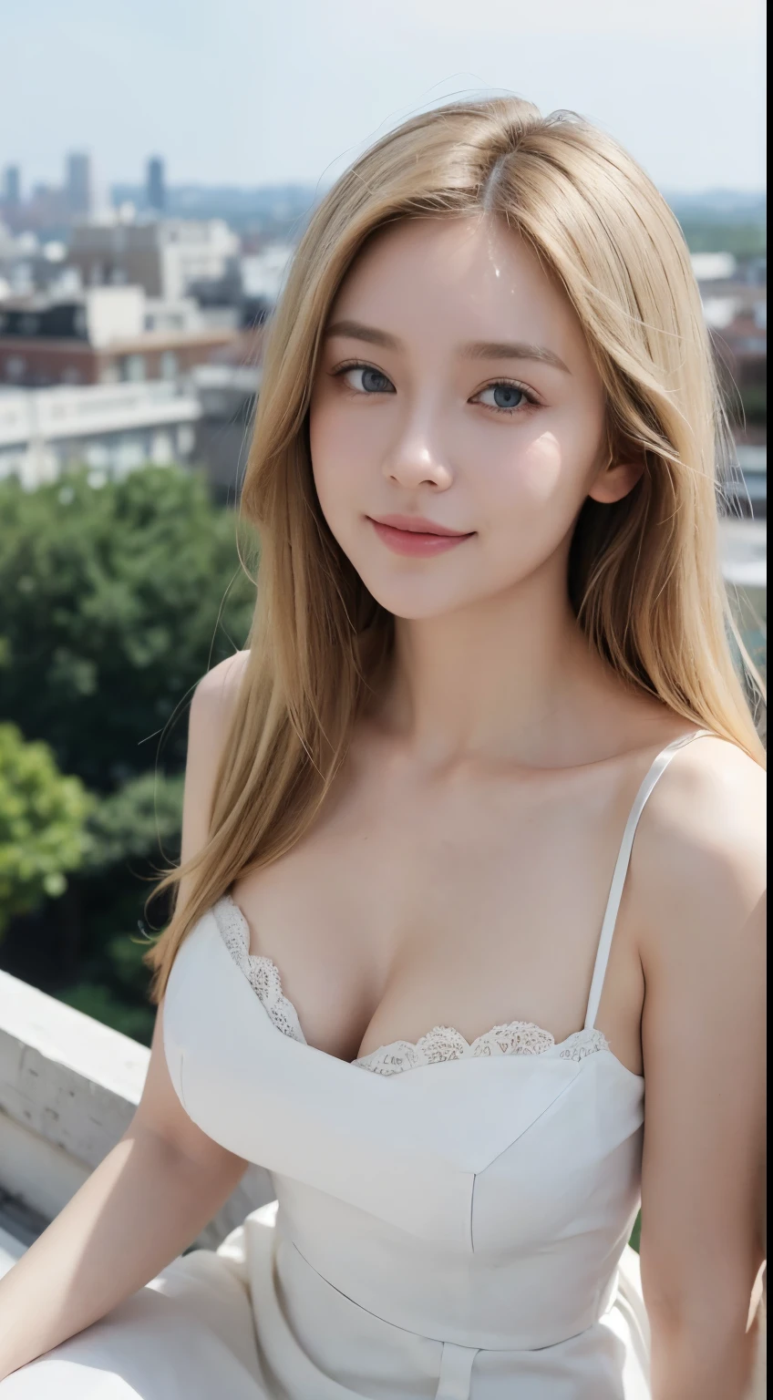 photo of beautiful woman with the perfect body, long flowing blonde hair, big breasts, (hazel eyes), smiling excitedly, wearing a white sundress, looking at viewer, upper body shot, sitting at the ledge of a rooftop with beautiful view of the city, (best quality, high resolution, ultra high res:1.1, masterpiece, realistic, photo-realistic:1.1).