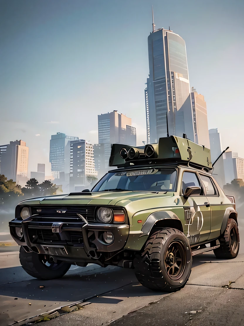 ((masterpiece、highest quality、real、Super detailed、High resolution、photorealistic、sharp focus、realistic photo、Live shooting、cinematic lighting))、 (Combat vehicles)、(Armored vehicles)、vehicle focus、there are no humans、Car、、splash clean water、Ruined city at dusk、cigarette、sparks、Olive drab color paint、zeekars