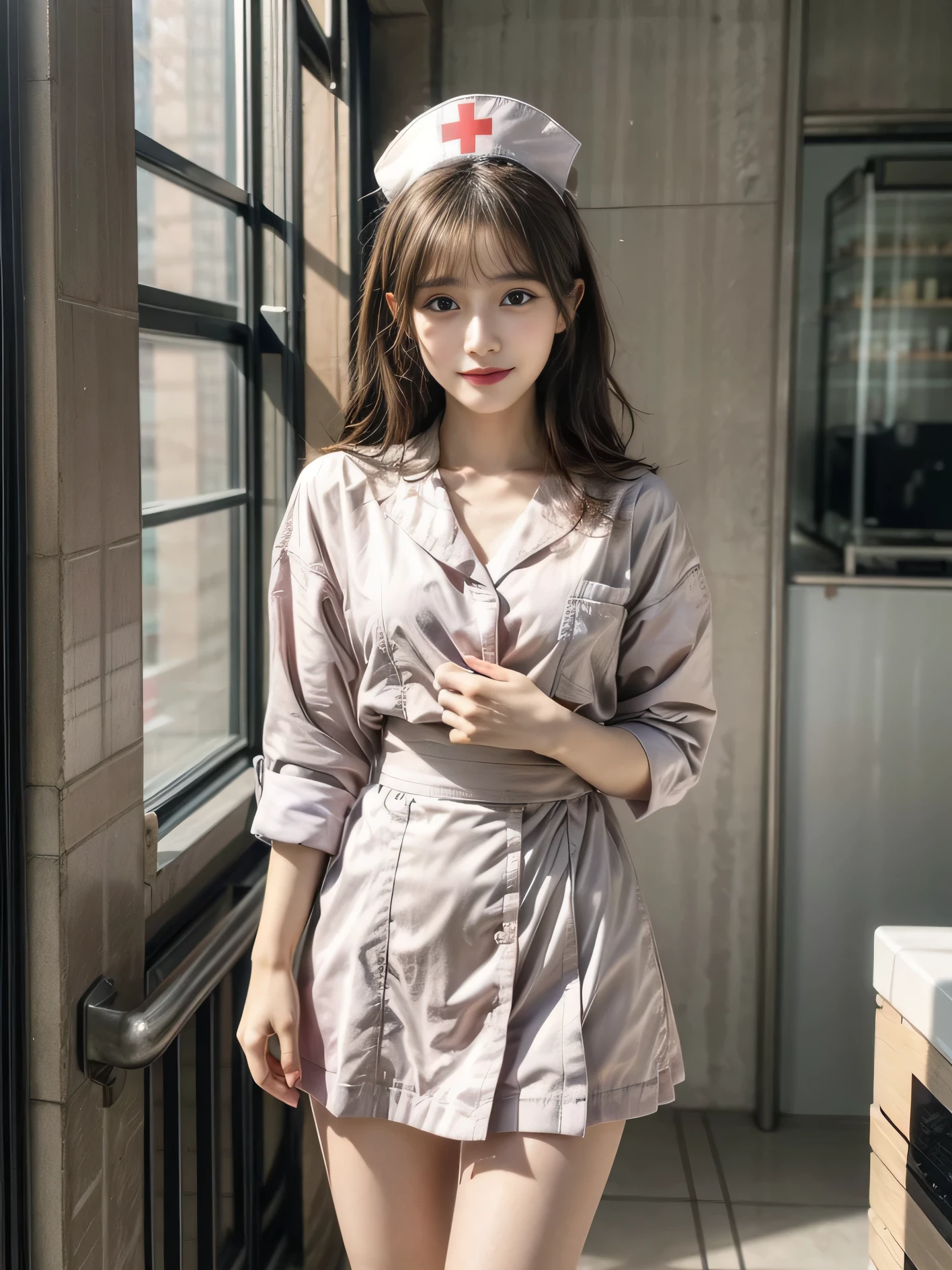 1 girl，20 years old, 170cm tall、Physical coordination、Proportions are well-proportioned、standing beside window，Bright backlight, alone, {Beautiful eyes details 1.3）（round eyes：1.8） , Highly detailed facial and skin textures, Natural and soft light, dark brown hair，natural drape, Exquisite facial features, blunt bangs, beautiful korean girl, Eyes are bright, happy smile 、(She is wearing a delicate pink nurse uniform:1.3)、(She is wearing an exquisite miniskirt:1.3)、Wearing red high heels，hands in pockets、E杯、film grain，full-body shot，long legs，masterpiece, best quality, light, Super detailed,, ultra high resolution, 8k wallpaper, Perfect dynamic composition, Exquisite facial features，It's a perfect face,Facing the peak of sexual arousal, looking at the audience，hair natural，clavicle，Ultimate light and shadow，(Skin texture is extremely delicate1.3), (Perfect details: 1.1),Looks a lot like actor Li Qin，