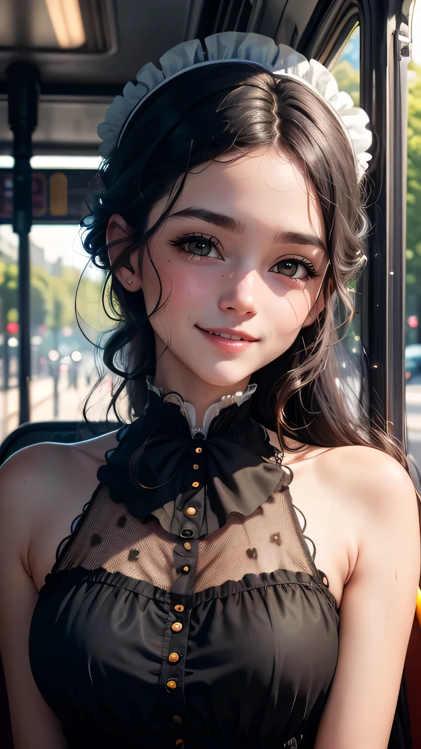 top quality, masterpiece, ultra high resolution, (photoreal: 1.1), 19 years old, laughing, happy,  RAW photos, one girl, black hair, delicate face, bus, dress movie lighting, a little sweat, sparkly skin ,beautiful and delicate face, beautiful delicate eyes , (realistic, photo realistic:1), Awards, super beautiful, (victorian)