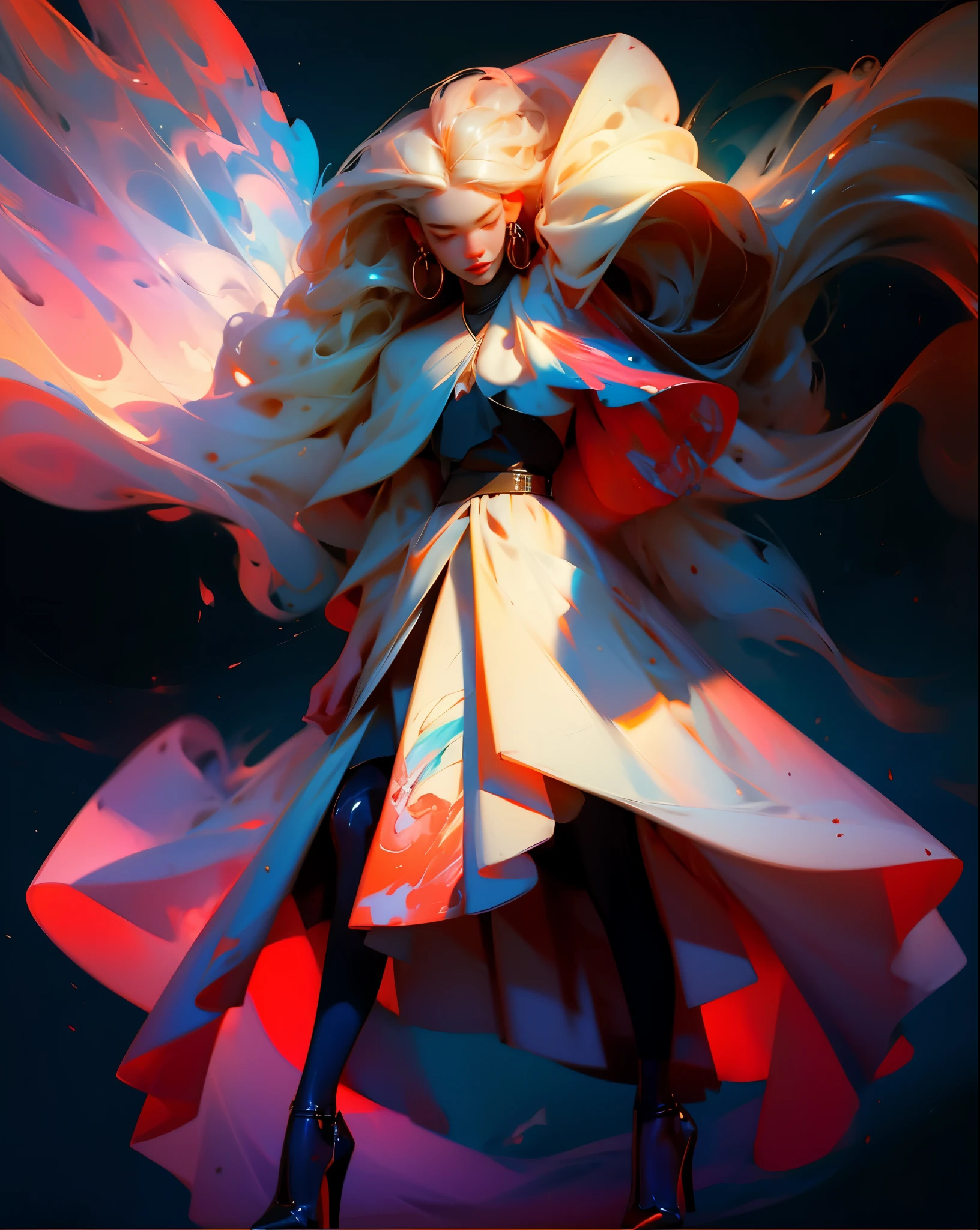 (Man or woman) wearing trendy clothes, in an abstract oil painting style, fashion show, The painting is ultra-high detailed and has a resolution of 8k, showcasing the best quality and craftsmanship. The background is colorful, with a touch of fog and mist, creating a mysterious atmosphere. There is a subtle lens flare effect, adding a dynamic element to the artwork. This painting aims to be reminiscent of luxury brand advertising, showcasing the beauty and elegance of the fashion world.