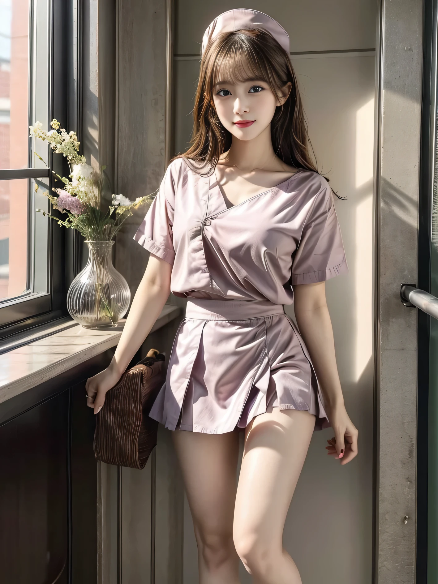 1 girl，20 years old, 170cm tall、Physical coordination、Proportions are well-proportioned、standing beside window，Bright backlight, alone, {Beautiful eyes details 1.3）（round eyes：1.8） , Highly detailed facial and skin textures, Natural and soft light, dark brown hair，natural drape, Exquisite facial features, blunt bangs, beautiful korean girl, Eyes are bright, happy smile 、(She is wearing a delicate pink nurse uniform:1.3)、(She is wearing an exquisite miniskirt:1.3)、Wearing red high heels，hands in pockets、E杯、film grain，full-body shot，long legs，masterpiece, best quality, light, Super detailed,, ultra high resolution, 8k wallpaper, Perfect dynamic composition, Exquisite facial features，It's a perfect face,Facing the peak of sexual arousal, looking at the audience，hair natural，clavicle，Ultimate light and shadow，(Skin texture is extremely delicate1.3), (Perfect details: 1.1),Looks a lot like actor Li Qin，