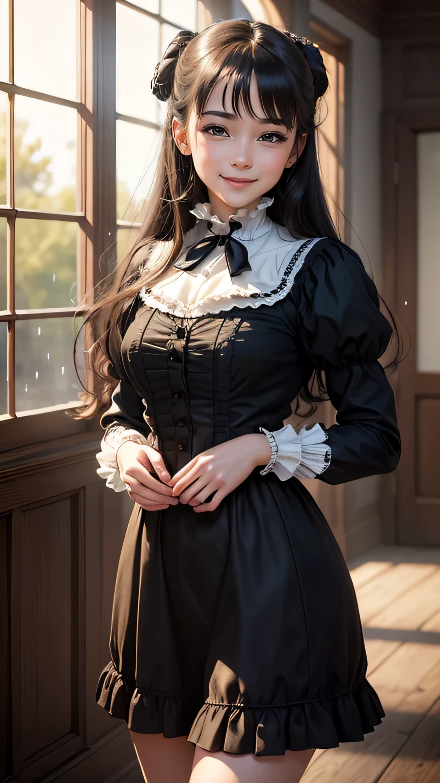 1 Nogizaka Musume、Very cute、a beauty girl、age19、(Gothic ta Fashion)、Beautiful face, eyes and skin with exquisite detail、Fine black shiny hair、Classy ruffles、frilled tie、Ribbon tie、rose hair accessory、(Smile at the camera)、(cowboy shot)、(European seas)、profetional lighting、BREAK、(realisitic、Photorealsitic:1.37)、8K、(masterpiece)、(top-quality:1.4)、(超A high resolution:1.2)、 (Raw photography:1.2)、(Delicate lace、Soft fabric、Beautiful rose pattern dress)、perfect anatomia、4 fingers and 1 thumb、seaside backgroud、(Wallpapers by Unity 8K)