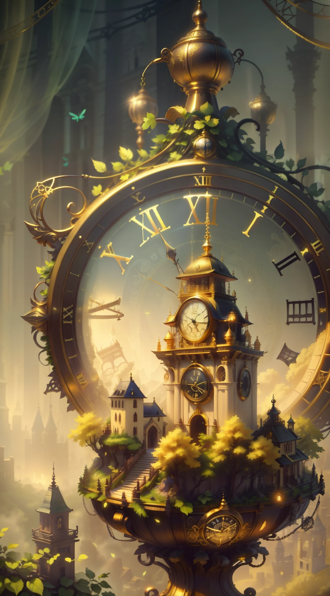 Picture of big hands holding antique gold clock, Mini city under the clock, Magic Fantasy Float, digital art, 世界で最もwonderful芸術, ((There are no humans)), light volumetric, Balanced and soft colors, Landscape of Florta, grapes, UHD, 8K octane rendering, magic, wonderful, ethereal, Complex, design Complex, super sharp, Shadow, Cooler Color, CGsociety Trends, ((better quality)), ((masterpiece)), (be familiar with), antique clock