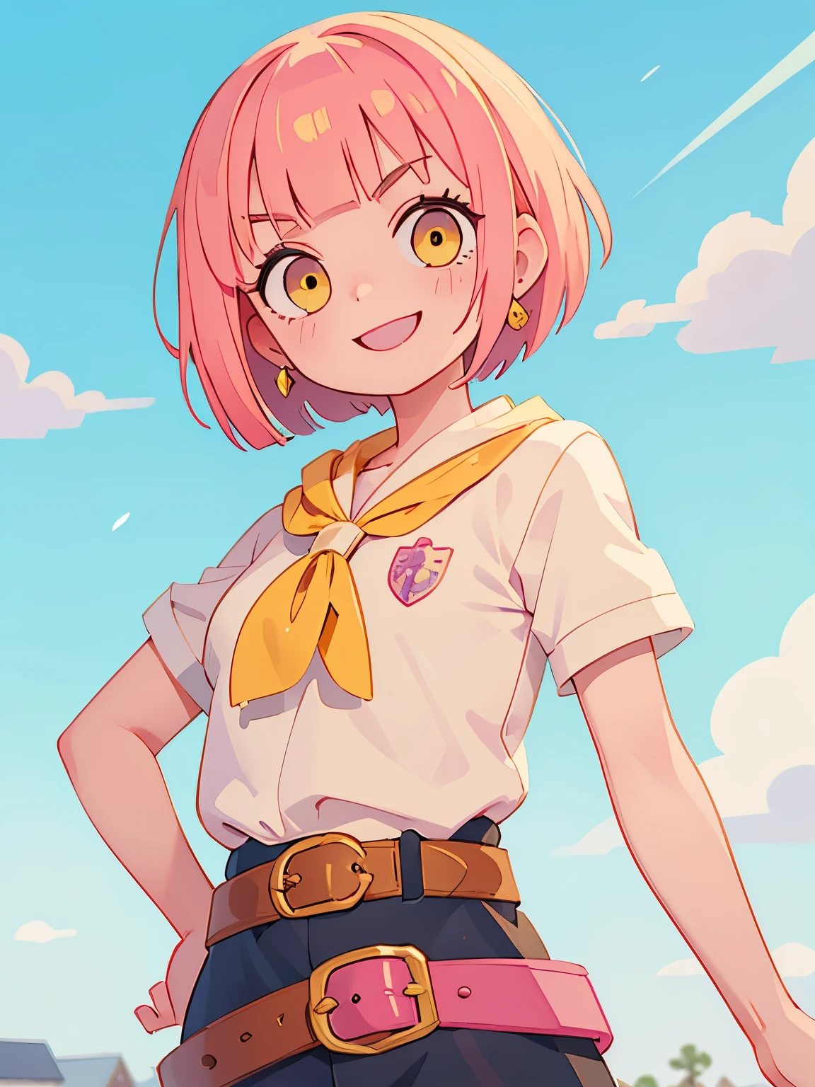 British Schools、masterpiece, highest quality, yellow eyes、 Pink Short Bob、Bangs at the top of the eyebrows、short bangs、single blade, earrings, one piece、 belt, Little, looking at the viewer, smile, village, winter